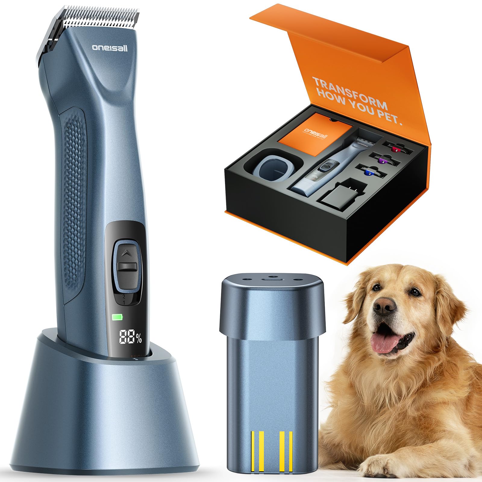 oneisall Tosatrice per Cani pelo lungo professionale, Tosatore Rasoio, 2 Livelli da Tosatrici Elettriche per cani/Gatti, Con batteria rimovibile e pettine in acciaio carbonizzato…