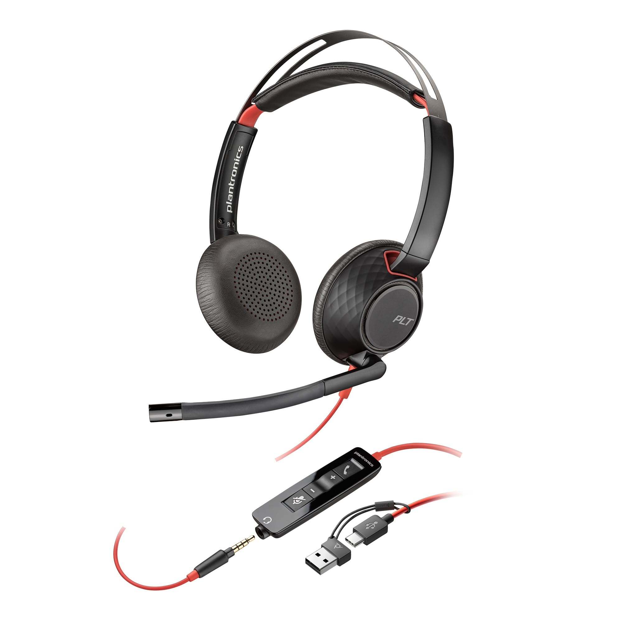 Poly Blackwire 5220, Cuffia Cablata con Connessione USB-A, USB-C, AUX 3,5 mm, Cuscinetti in Similpelle, Riduzione del Rumore e dell'Eco, 2024,Comandi sul Cavo, Compatibile con Win…