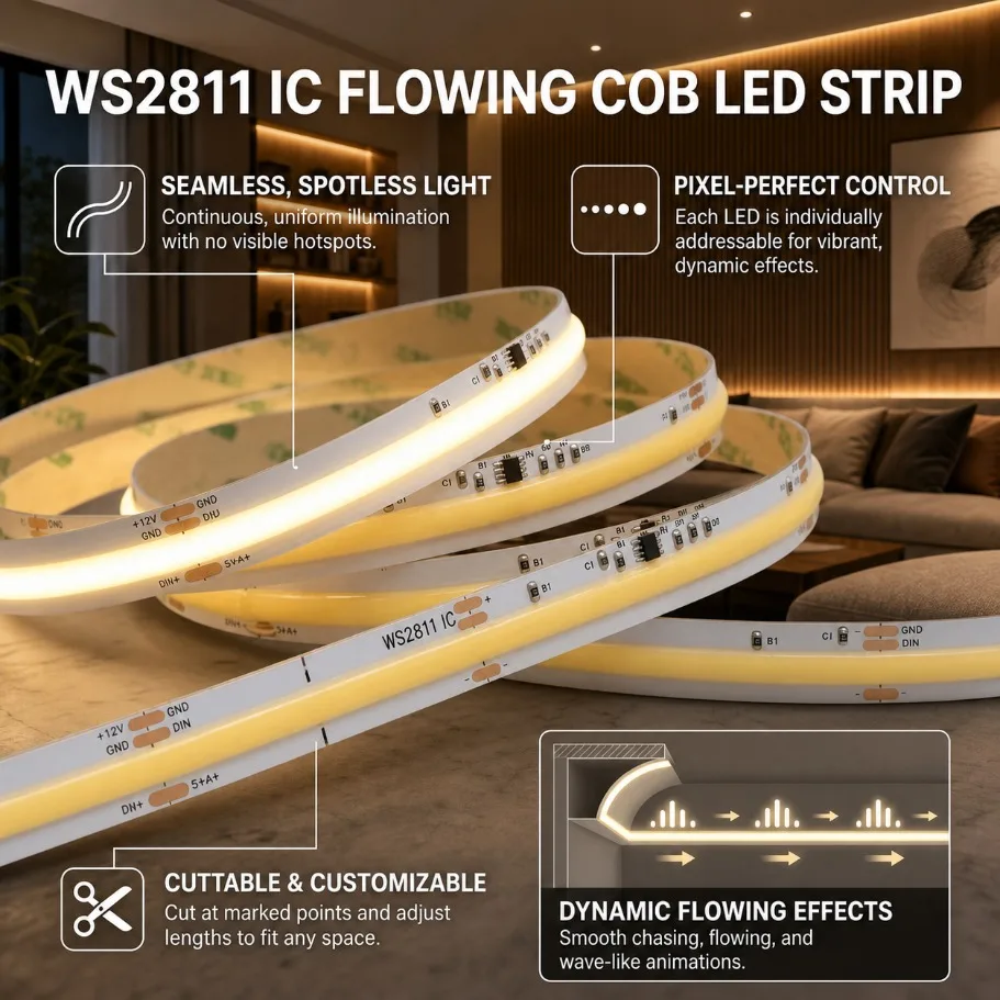 Striscia LED COB Indirizzabile WS2811 DC24V 360 LED/m RA90 3000K/4000K/6000K Alta Densità Effetto Acqua Corrente Nastro Flessibile