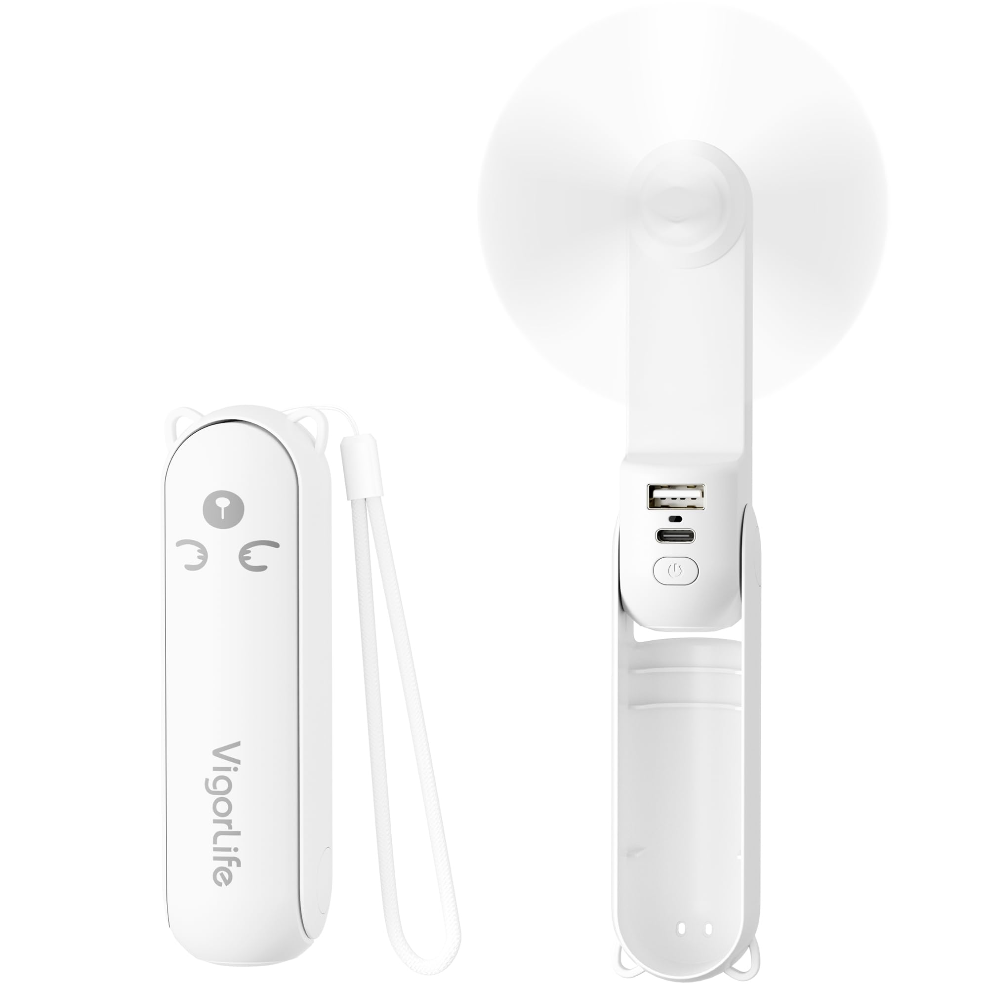 Morelax Mini ventilatore a mano, 3 in 1, 2000 mAh, ricaricabile a batteria, portatile, USB, piccolo ventilatore con powerbank, funzione torcia, gadget da viaggio, bianco