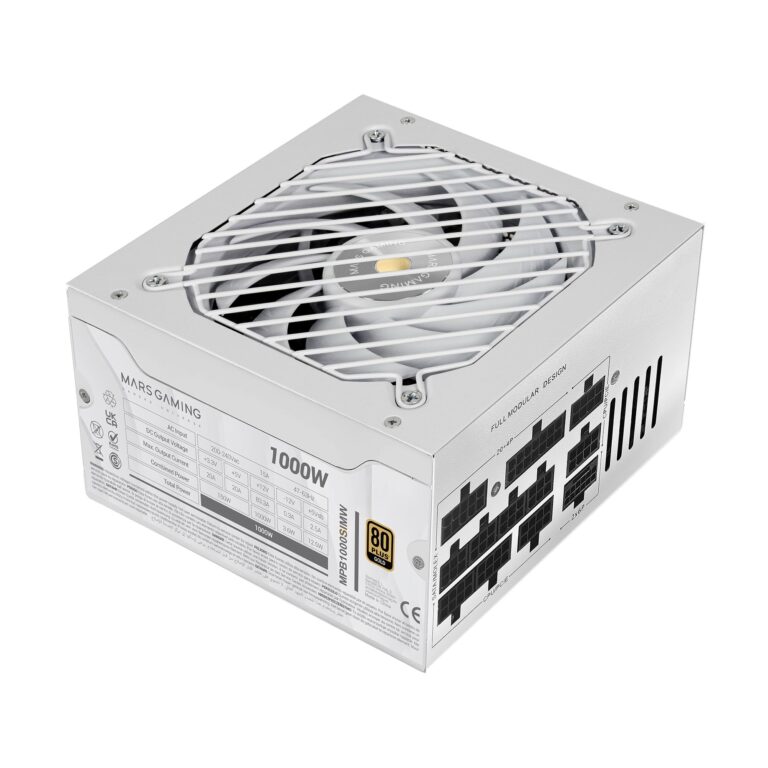 Mars Gaming MPB1000SIM, Alimentatore Full Modular ATX 1000W, 7 Anni Garanzia, 80Plus Gold 90%, Ventola SI Extreme Silence 140mm, Tecnologie AI2-RPM, Condensatori Giapponesi, Bianco