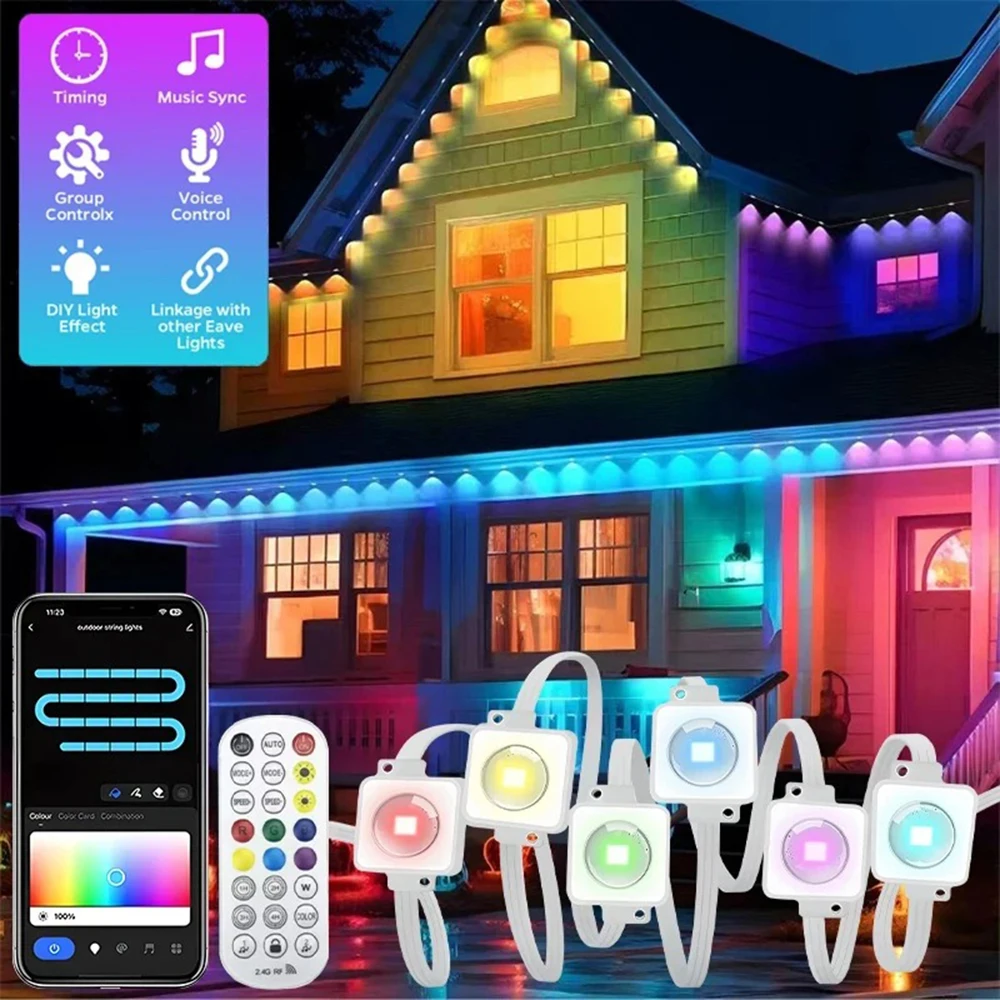 Luci da Esterno Impermeabili IP67, Luci LED RGB+IC Intelligenti per Grondaie con Controllo App e Pulsante, per Tetto di Casa, Giardino, Natale, Decorazioni per Feste