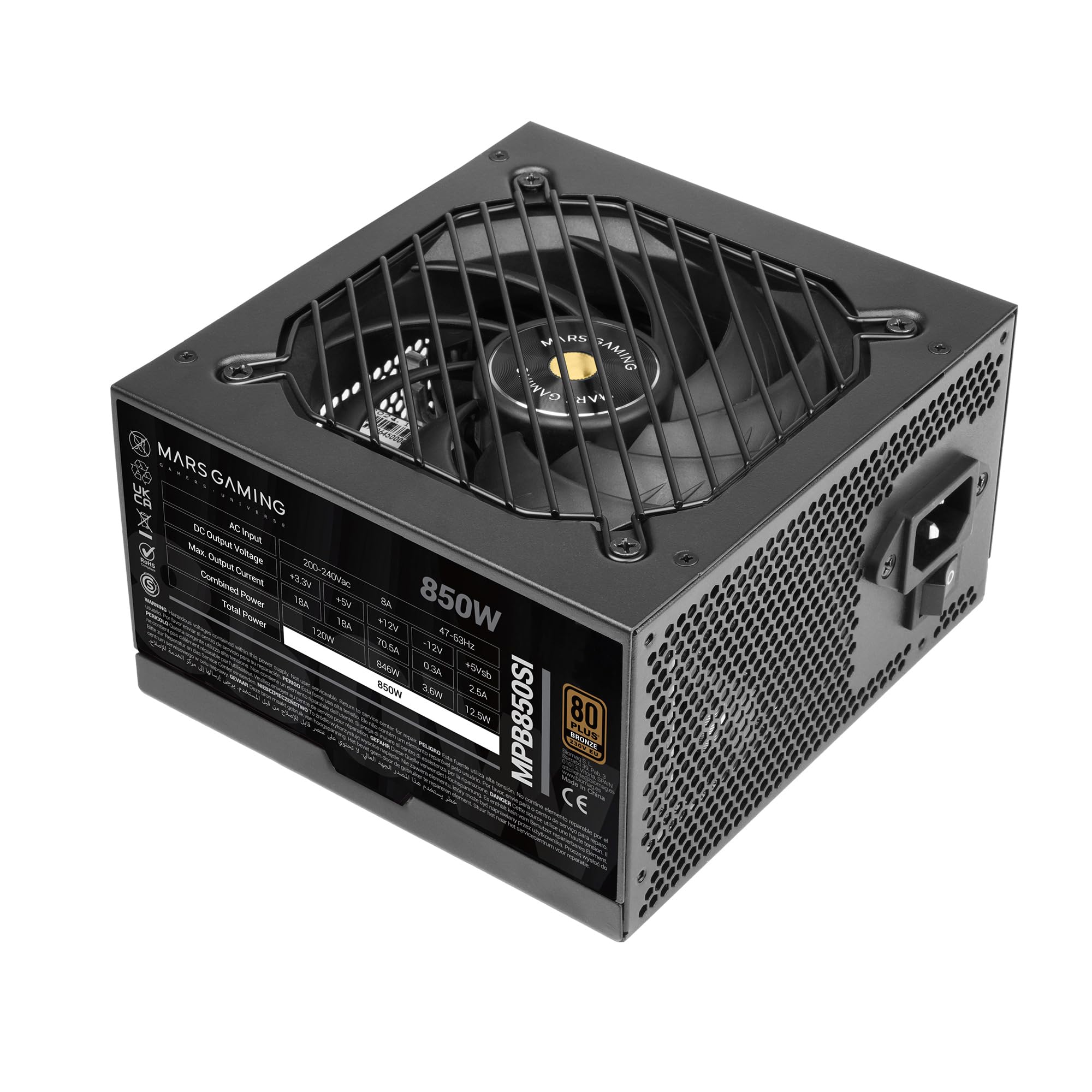 Mars Gaming MPB850SI, Alimentatore PC ATX 850W, 7 Anni di Garanzia, 80Plus Bronze 230V, 90% di Efficienza, Ventola SI Extreme Silence con Nucleo in Rame, Tecnologie AI2-RPM, DC-DC…