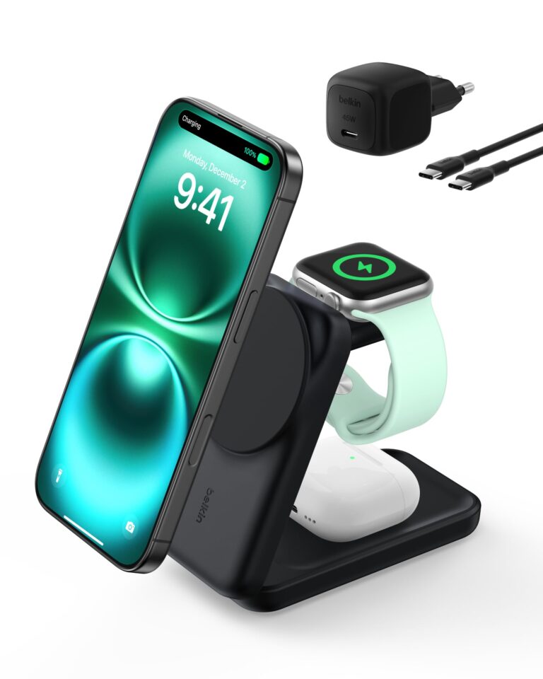 Belkin UltraCharge Caricatore Wireless Magnetico Qi2 25W 3 in 1 - Nero | Base di Ricarica MagSafe, Certificato Qi2.2, Tecnologia di Raffreddamento, per iPhone, Apple Watch, AirPod…