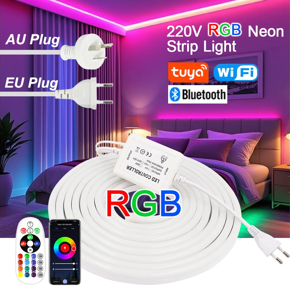 Striscia LED Neon RGB 220V con Spina EU/AU, Impermeabile per Esterni, Flessibile, da 1m a 30m, con Telecomando/Bluetooth/Tuya Smart WiFi