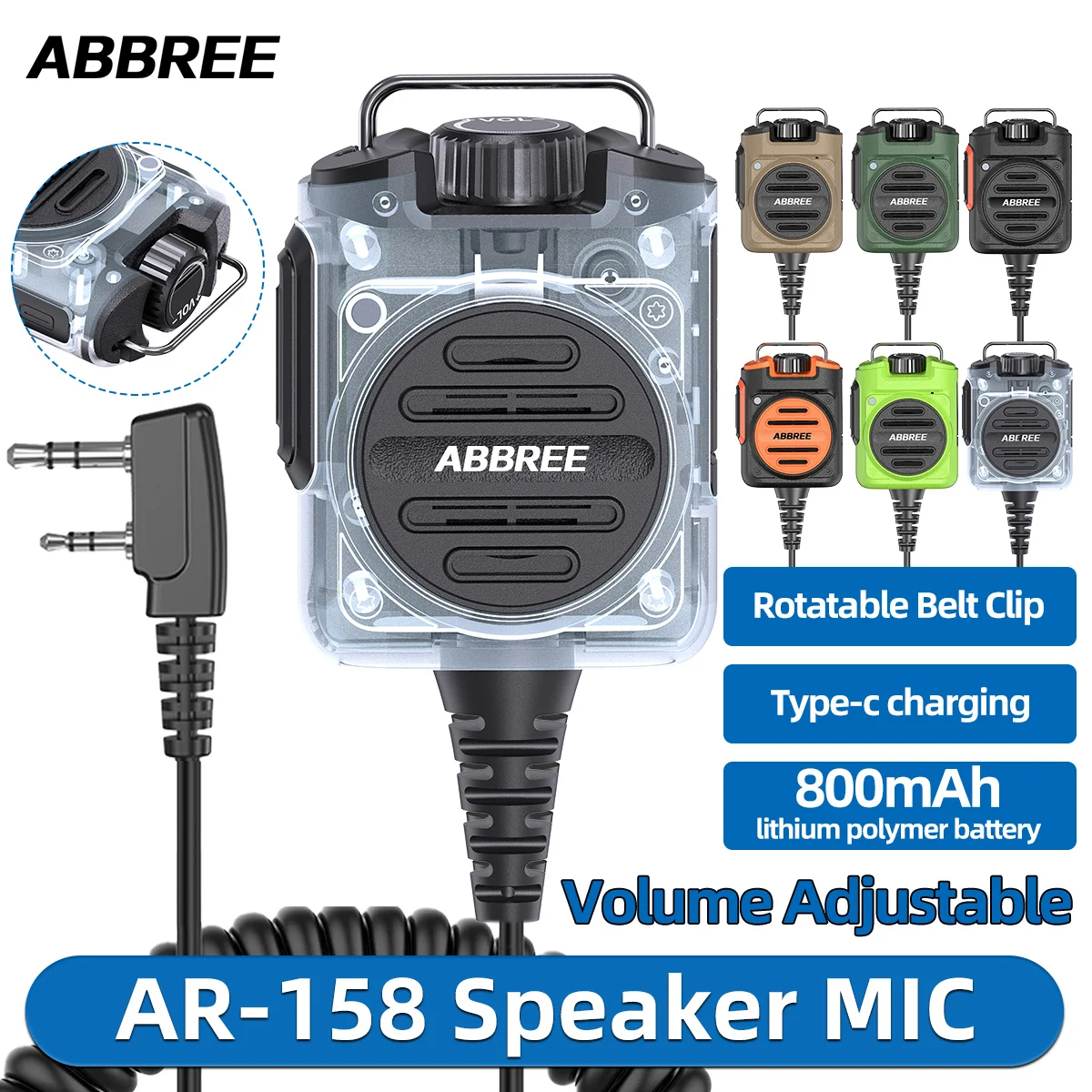 ABBREE AR-158 Microfono Altoparlante Portatile con Volume Regolabile, Suono Chiaro, Microfono Tipo K Compatibile con Baofeng UV-5R UV-32 UV-21 PRO