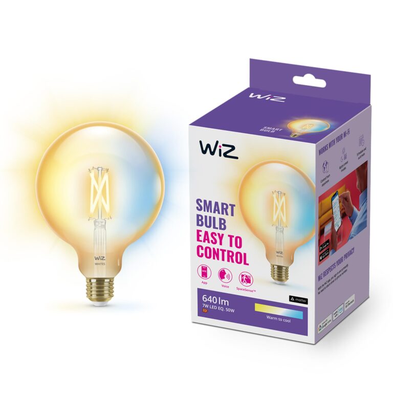 WiZ Lampadina Globo Smart LED WiFi, Luce Bianca da Calda a Fredda, Filamento Ambrata, E27, equivalente a 50W, Tecnologia SpaceSense, Controllo Vocale (Alexa, Apple HomeKit, Google…