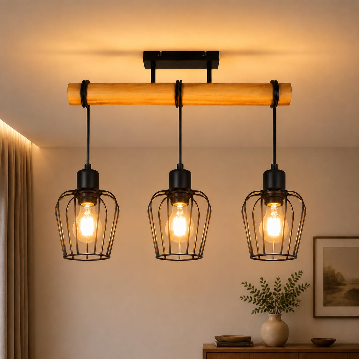 ZMH Plafoniera vintage Lampada da soffitto camera - Nero plafoniera | soffitto in legno e metallo con 3 luci retro portalampada E27 altezza regolabile design industriale illuminaz…