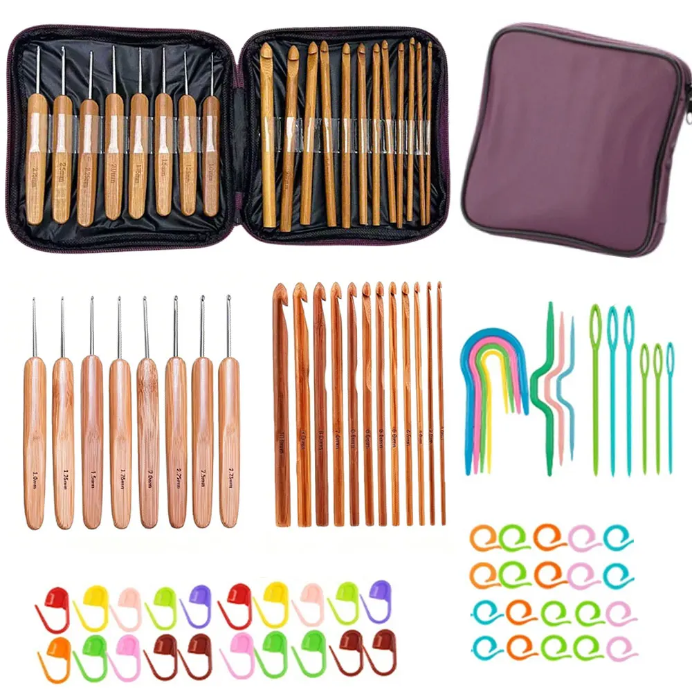 Set di 74 uncinetti in bambù per lavori a maglia e tessitura, con borsa portatile, kit di strumenti per cucito e uncinetto