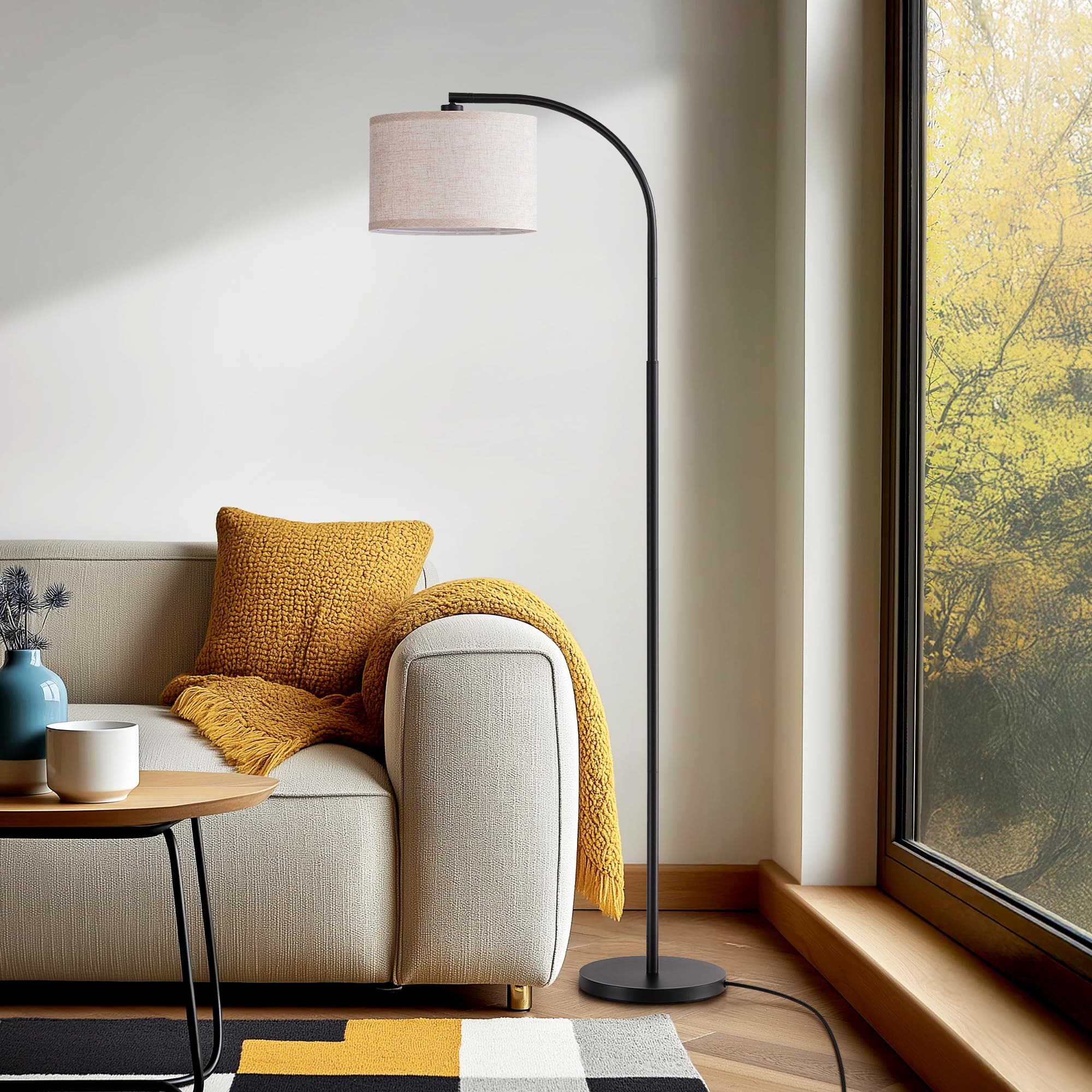 EDISHINE Lampada Terra Soggiorno, Paralume Lino, Nero, LED Inclusa, 161 cm | Lampada da Terra ad Arco Moderna, Paralume in Lino Regolabile & Interruttore a Pedale, E27, per Camere…