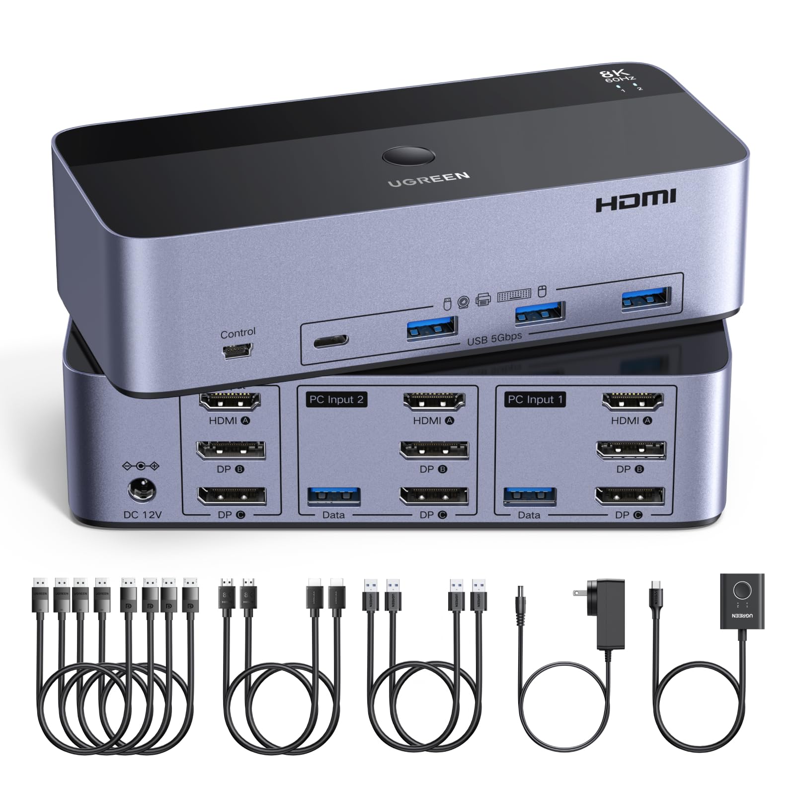 UGREEN Switch KVM HDMI +DP 2 ingressi 3 uscite 8K 60Hz per 2 PC | 3 USBA+1 USB C 5Gbps per tastiera, mouse, disco rigido, controller desktop compatibile con Windows, Linux, macOS