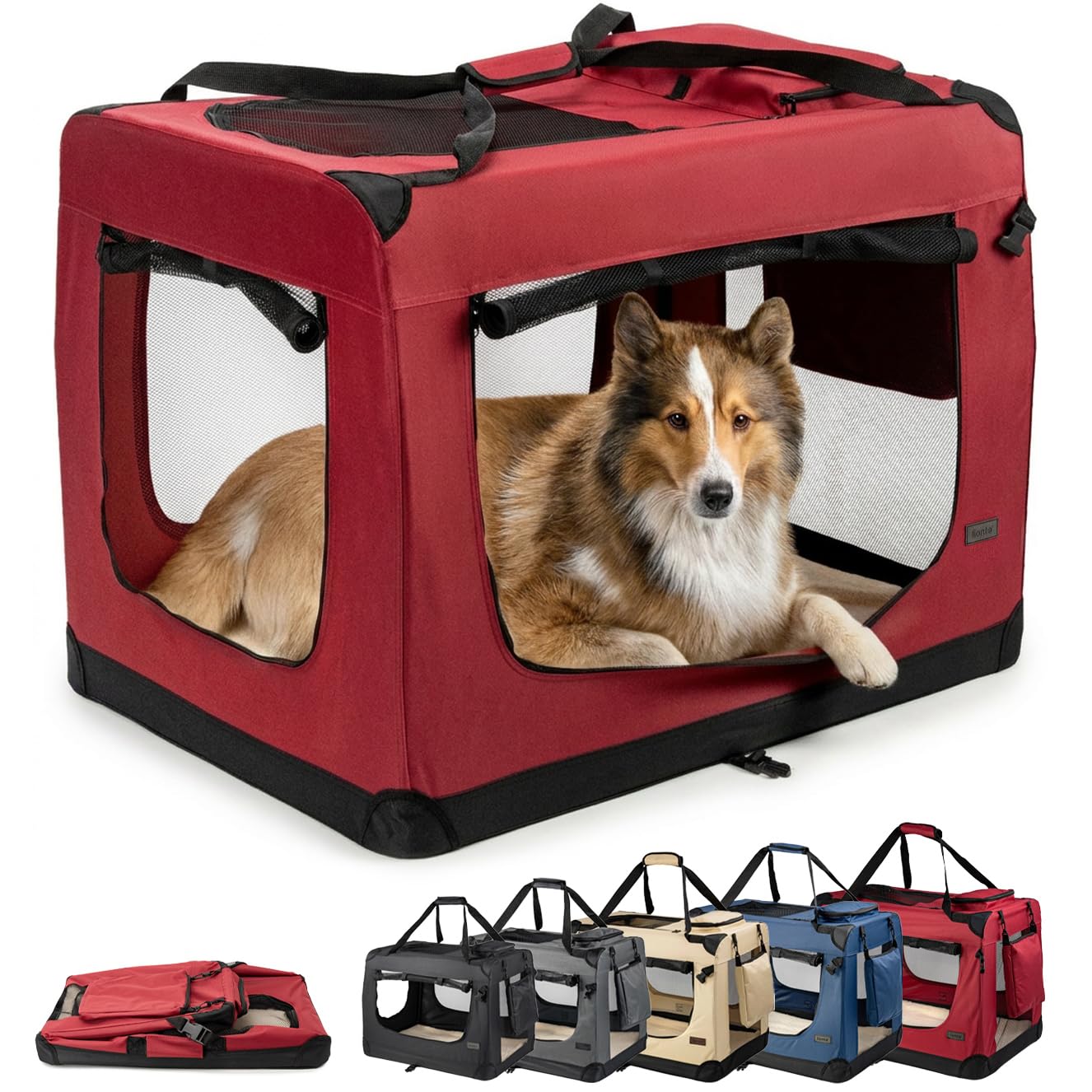 lionto Trasportino Cane, Pieghevole, Viaggio e Auto, 90x61x65 cm, Rosso | Borsa da Transporto pieghevole in tessuto con finestre mesh, manici, coperta morbida e tasche per cani e…
