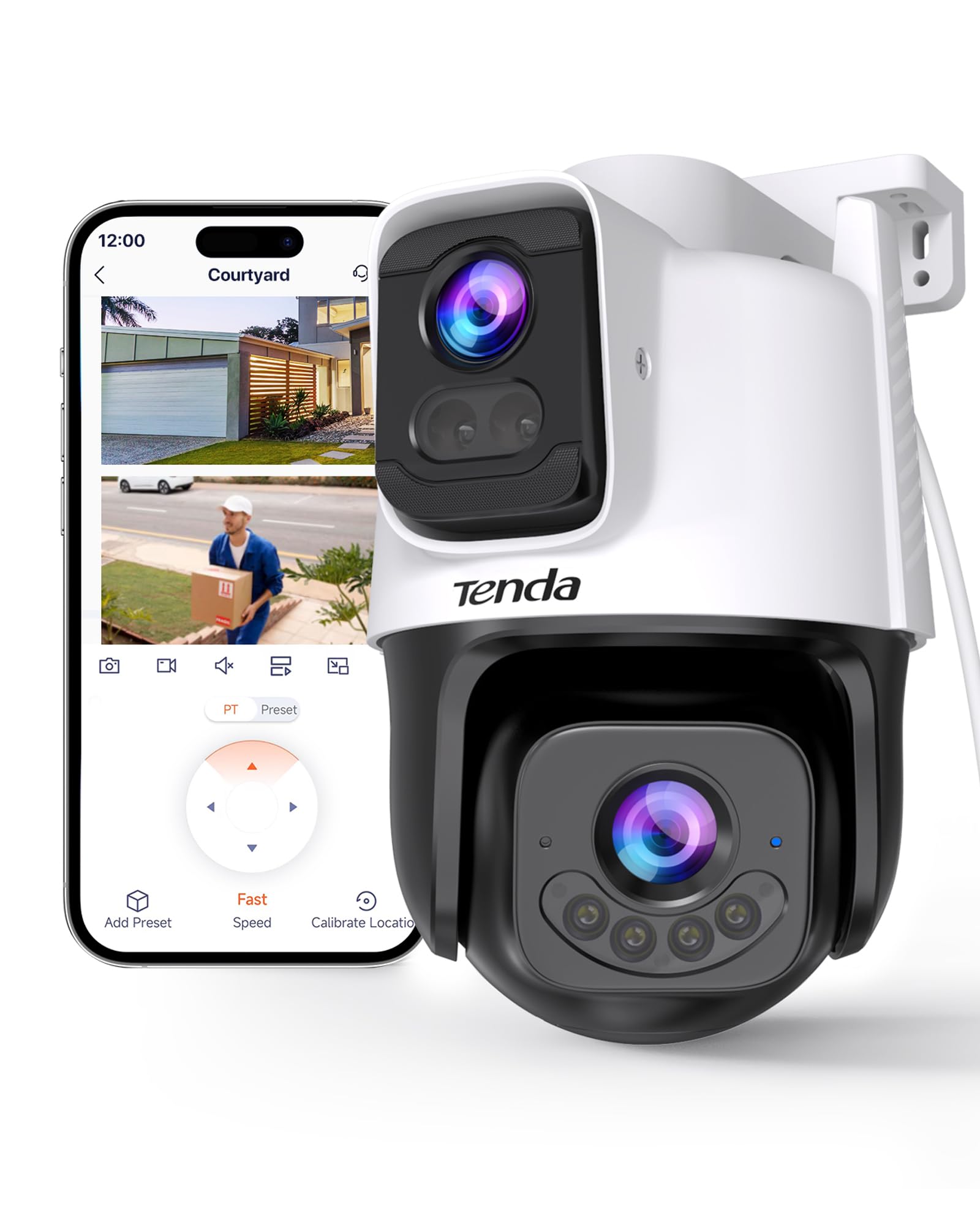 Tenda CH9 Telecamera Wi-Fi Esterno Doppia Lente 2K+2K | Punti salienti: Wi‑Fi 6, 2K+2K, PTZ 360° automatico, visione notturna a colori, allarme, rilevamento persone/veicoli, IP65