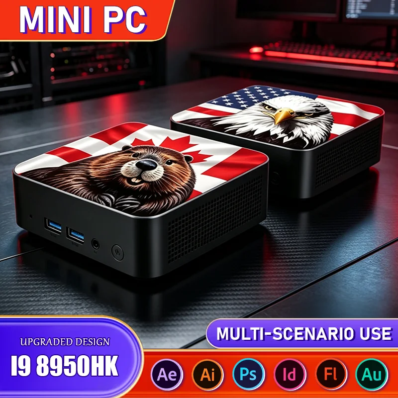 Mini PC Ultra Sottile da 2TB SSD 16GB RAM Core i9 8950HK 2026 con Bandiera USA Canada per Studio Quotidiano e Ufficio