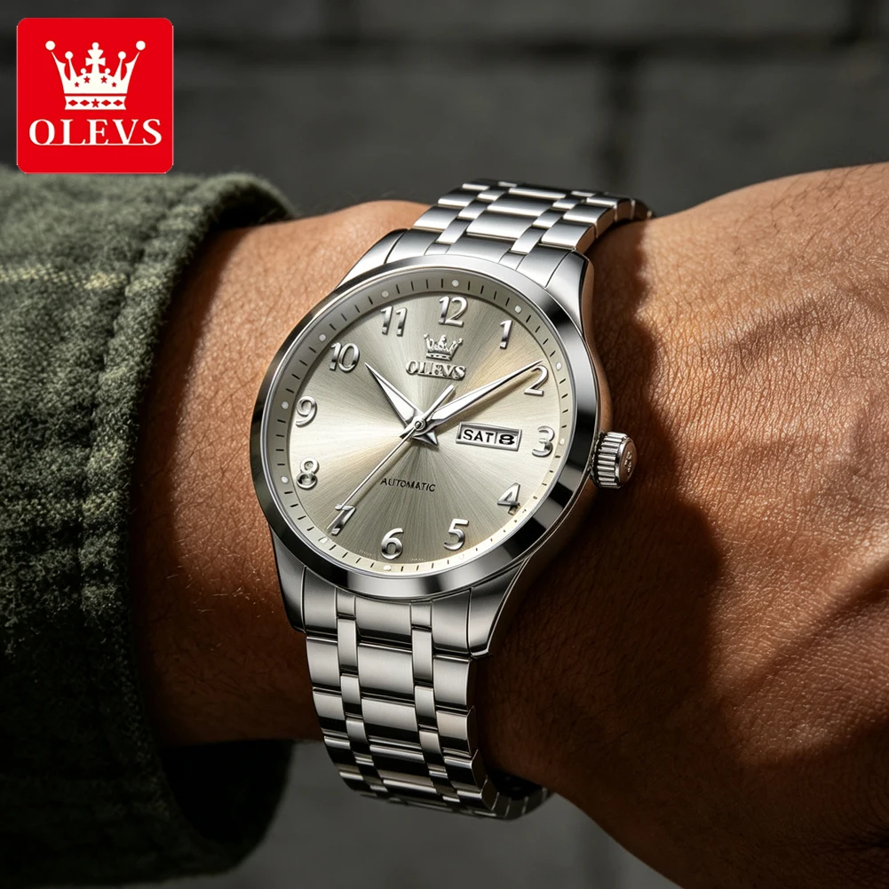 Orologio automatico OLEVS da uomo, classico grigio, impermeabile in acciaio inossidabile con numeri arabi, orologio di lusso da uomo 7078