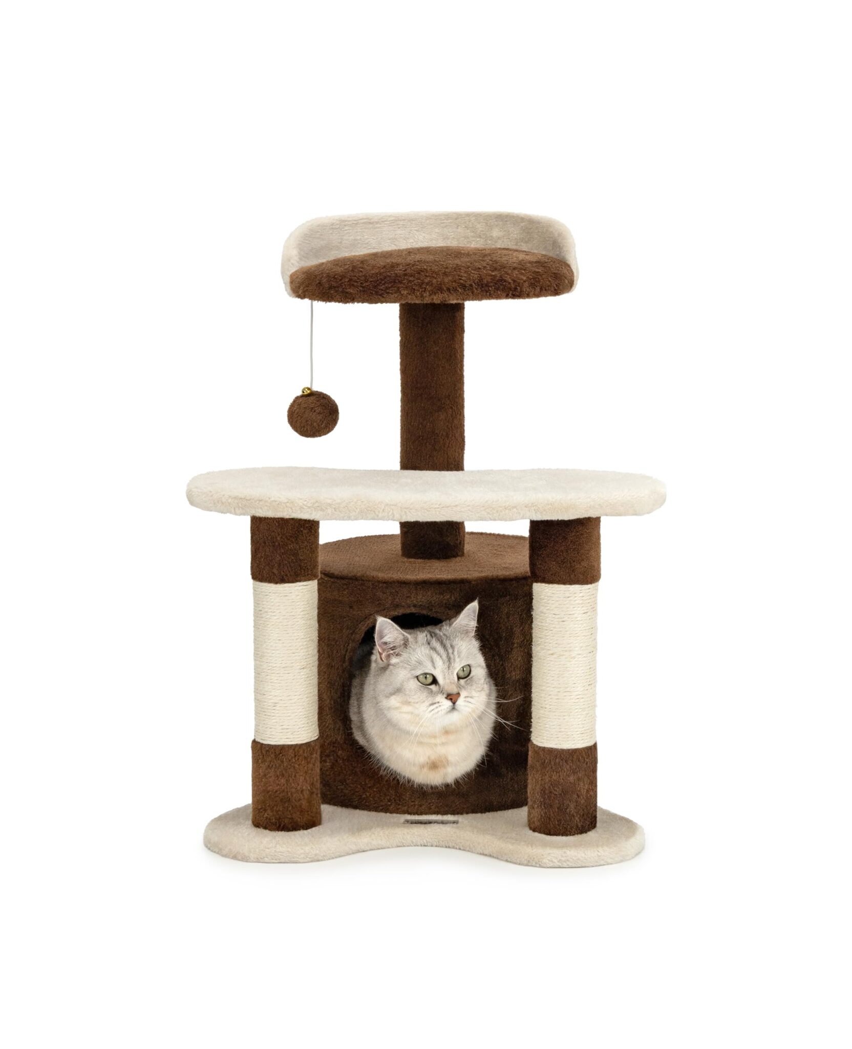 lionto Tiragraffi con Grotta e Colonne, Altezza 65 cm, Marrone/Beige | Tiragraffi piccolo per gatti con pallina in peluche, grotta e piattaforma per arrampicata, gioco, nascondigl…