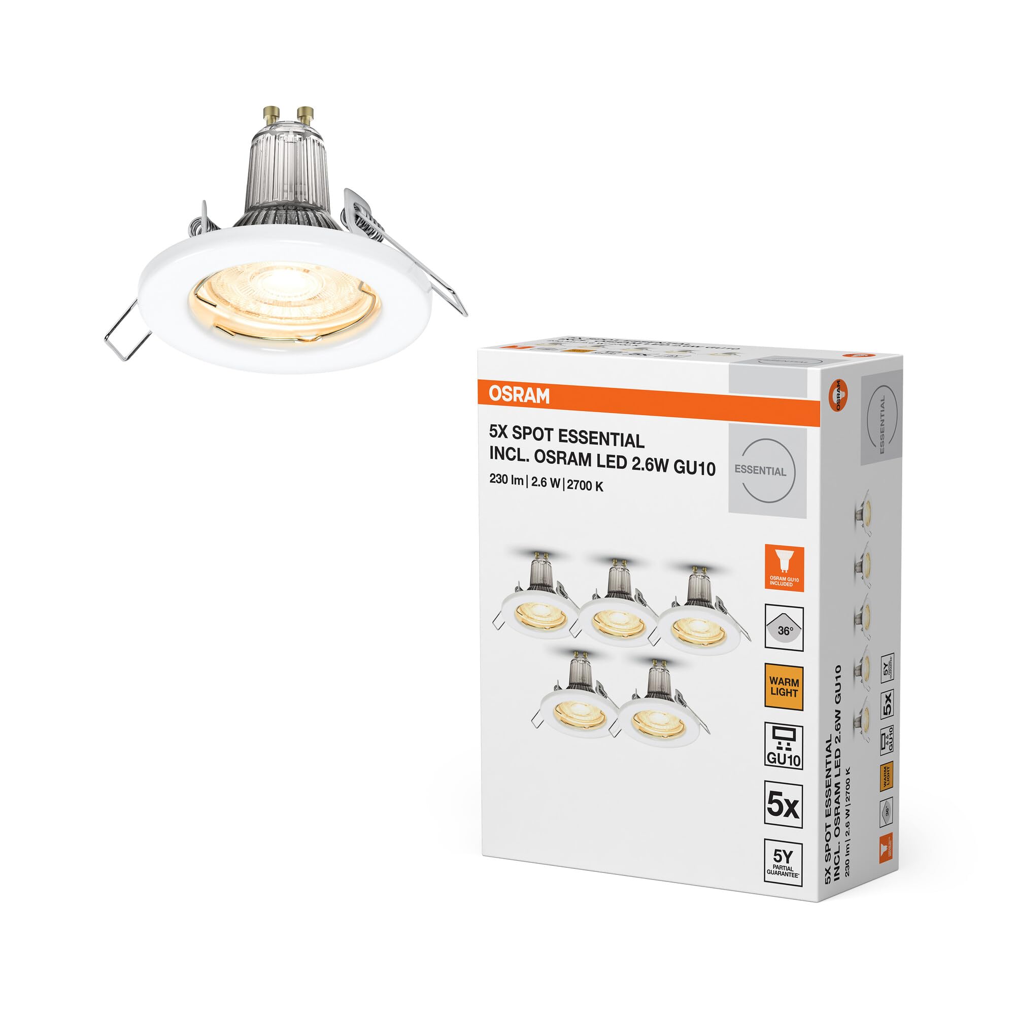 OSRAM Luce da incasso a soffitto Bianco, bianco caldo, 2700 K, 2.6 W | Spot Essential, Spot lights and ceiling spots, Bianco, 25000 h, confezione da 5