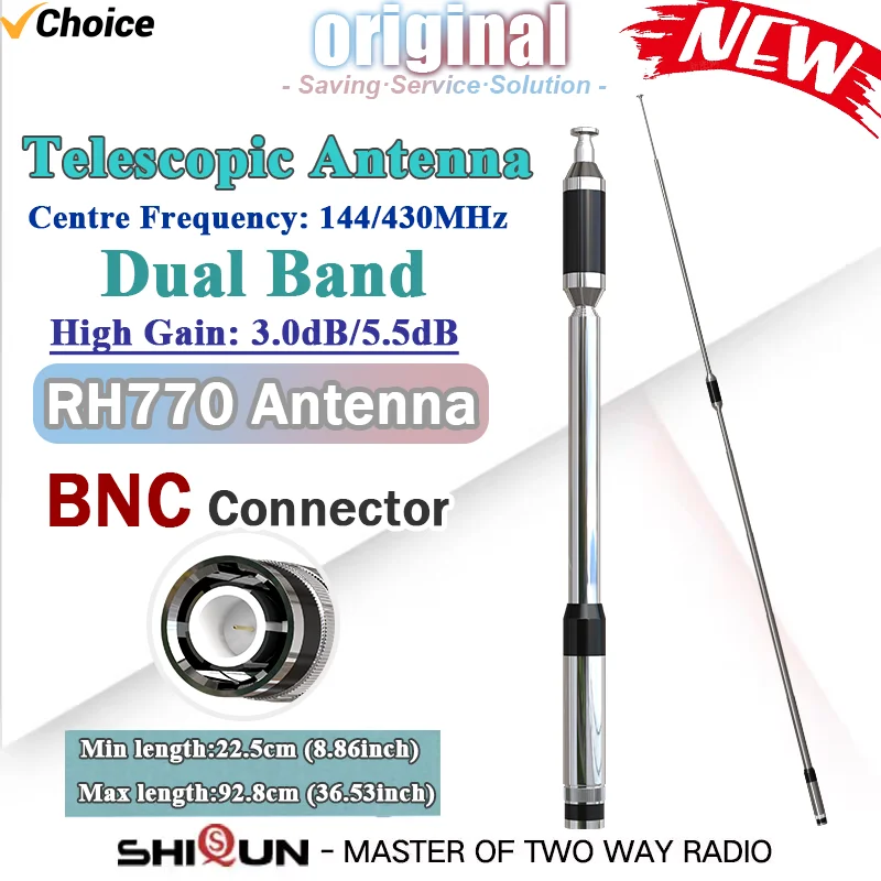 RH-770 Antenna Connettore BNC Dual Band 144/430Mhz Ad Alto Guadagno Walkie Talkie Antenna Telescopica Per BCT15X IC-V8 V80 Kenwood TK100