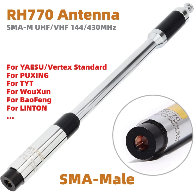 Antenna Telescopica RH770 UHF/VHF 144/430MHz SMA-M ad Alto Guadagno per Radioamatori, Compatibile con YAESU/Vertex Standard Wouxun BaoFeng TYT Walkie-talkie