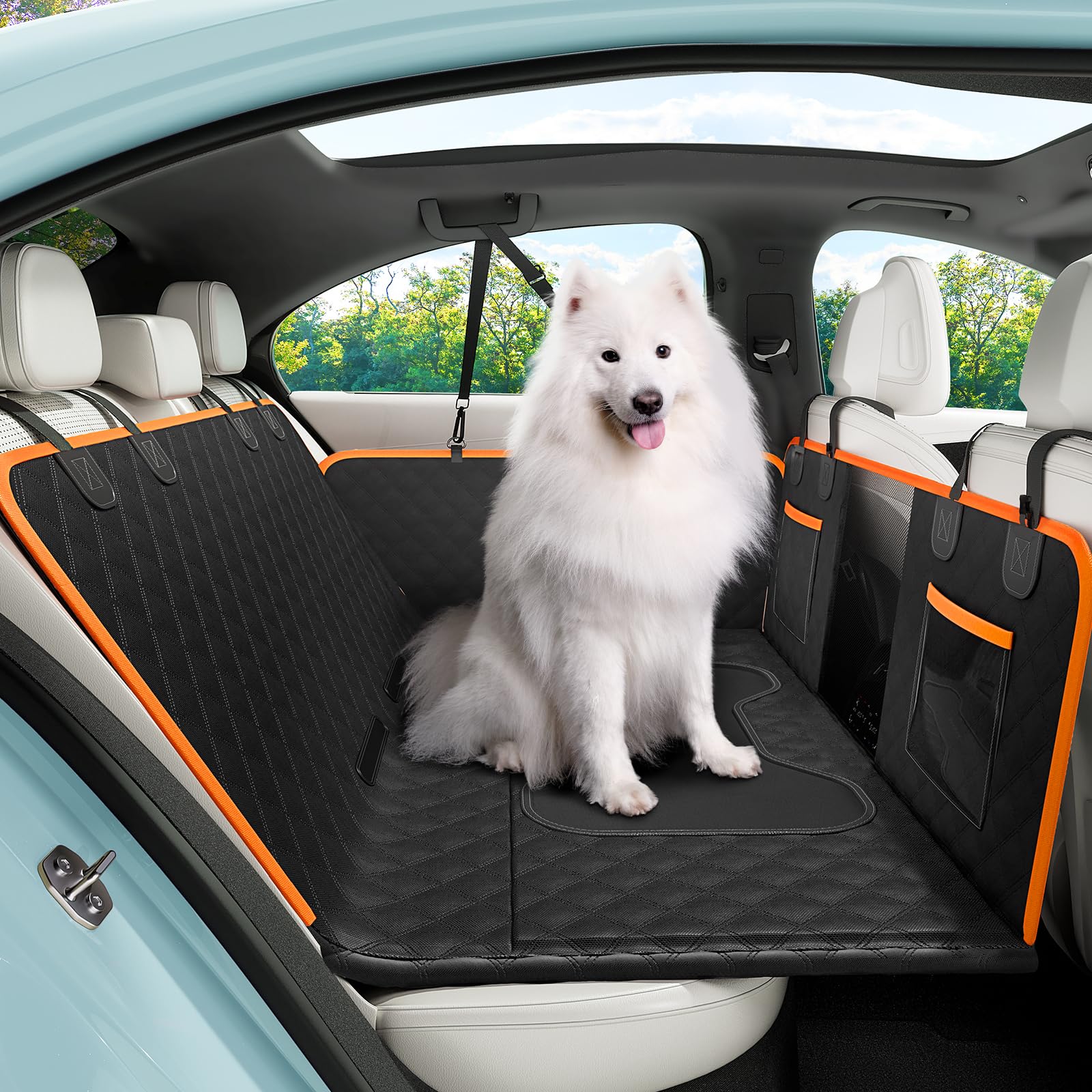 Pecute Coprisedile Auto per Cani Fondo Rigido, Fino a 180 kg | Impermeabile, Antiscivolo. Aumenta 40% Spazio. Adatto cani e Gatti. Facile da Piegare. Con Imbracatura Sicurezza