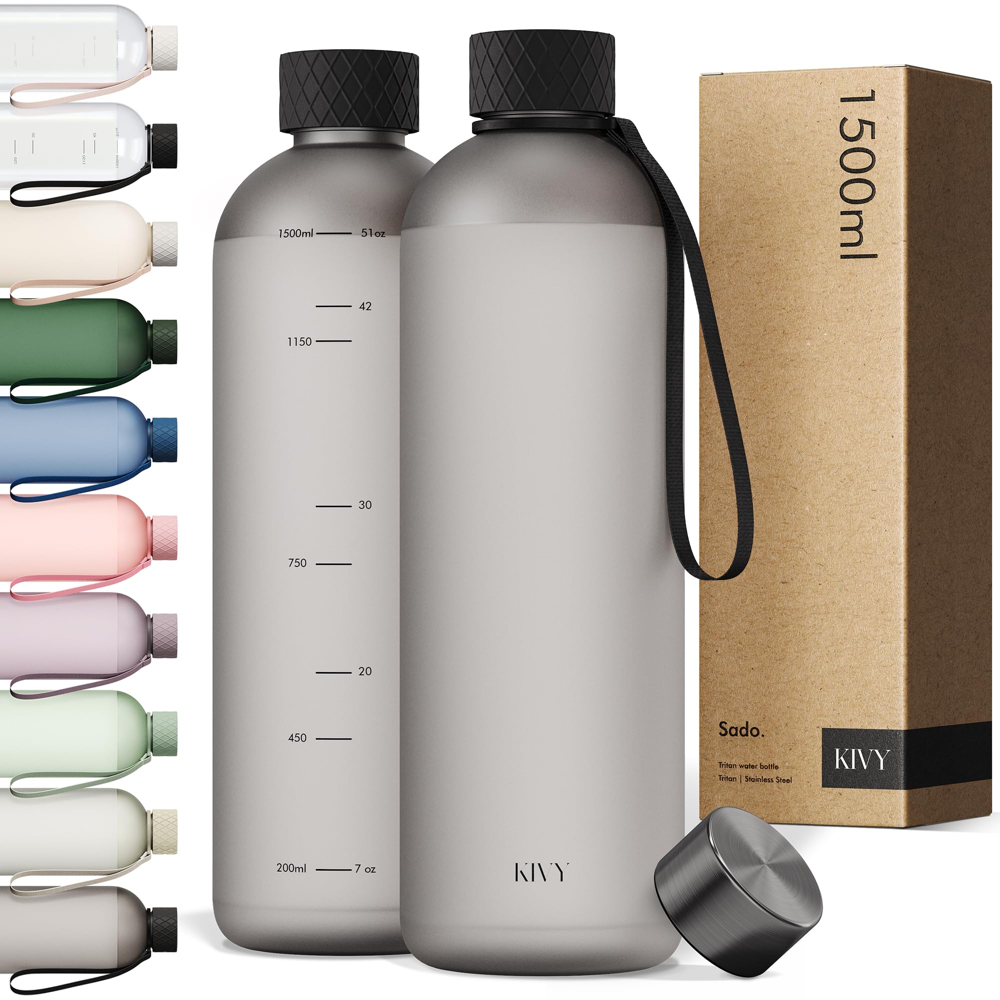 KIVY Borraccia grande da 1,5 l, leggera e infrangibile, adatta a zaino e portabicchieri per viaggi, sport, scuola, borraccia nera senza cannuccia, bottiglie d'acqua da 1,5 litri,…