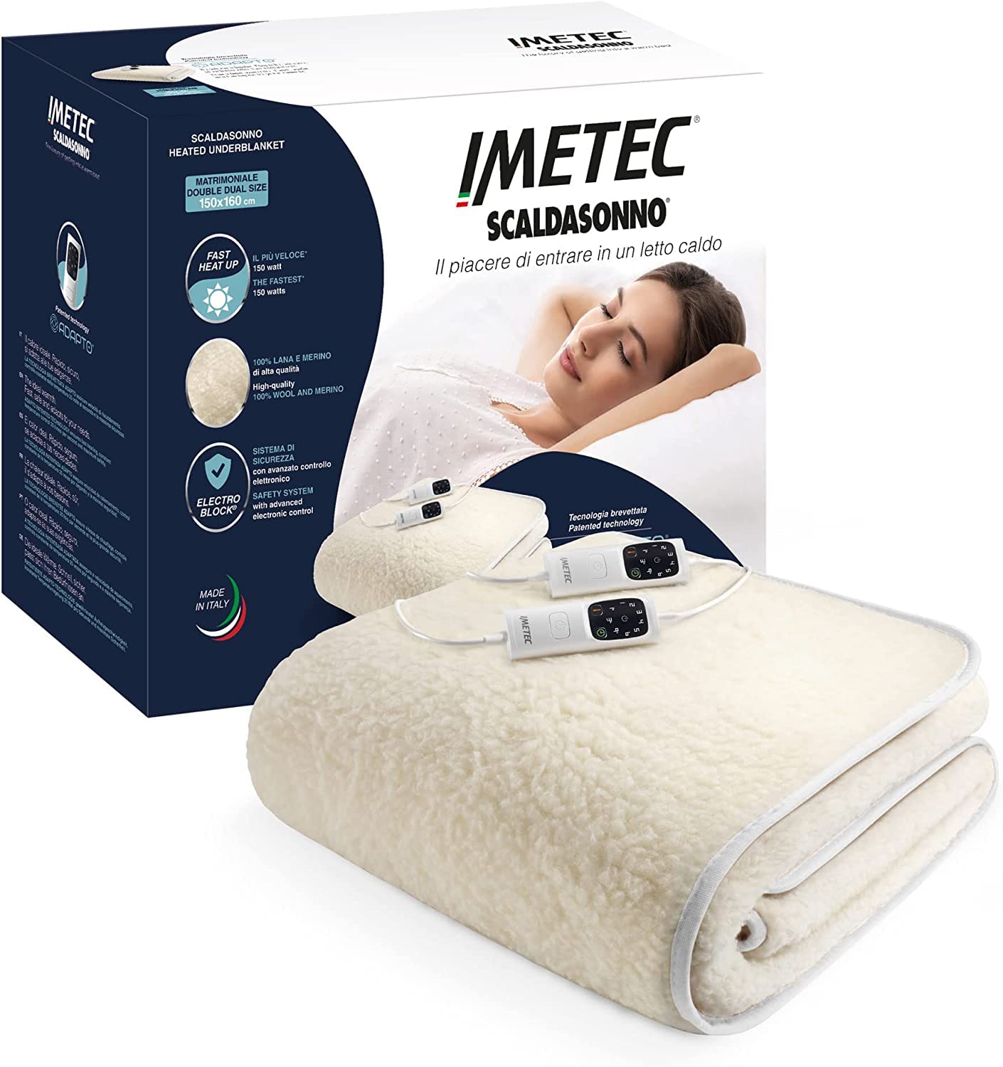 Imetec Scaldasonno Adapto – Scaldaletto matrimoniale 150x160 lana merino | 100% lana e merino | 2 zone di riscaldamento separate | Timer autospegnimento | Made in Italy