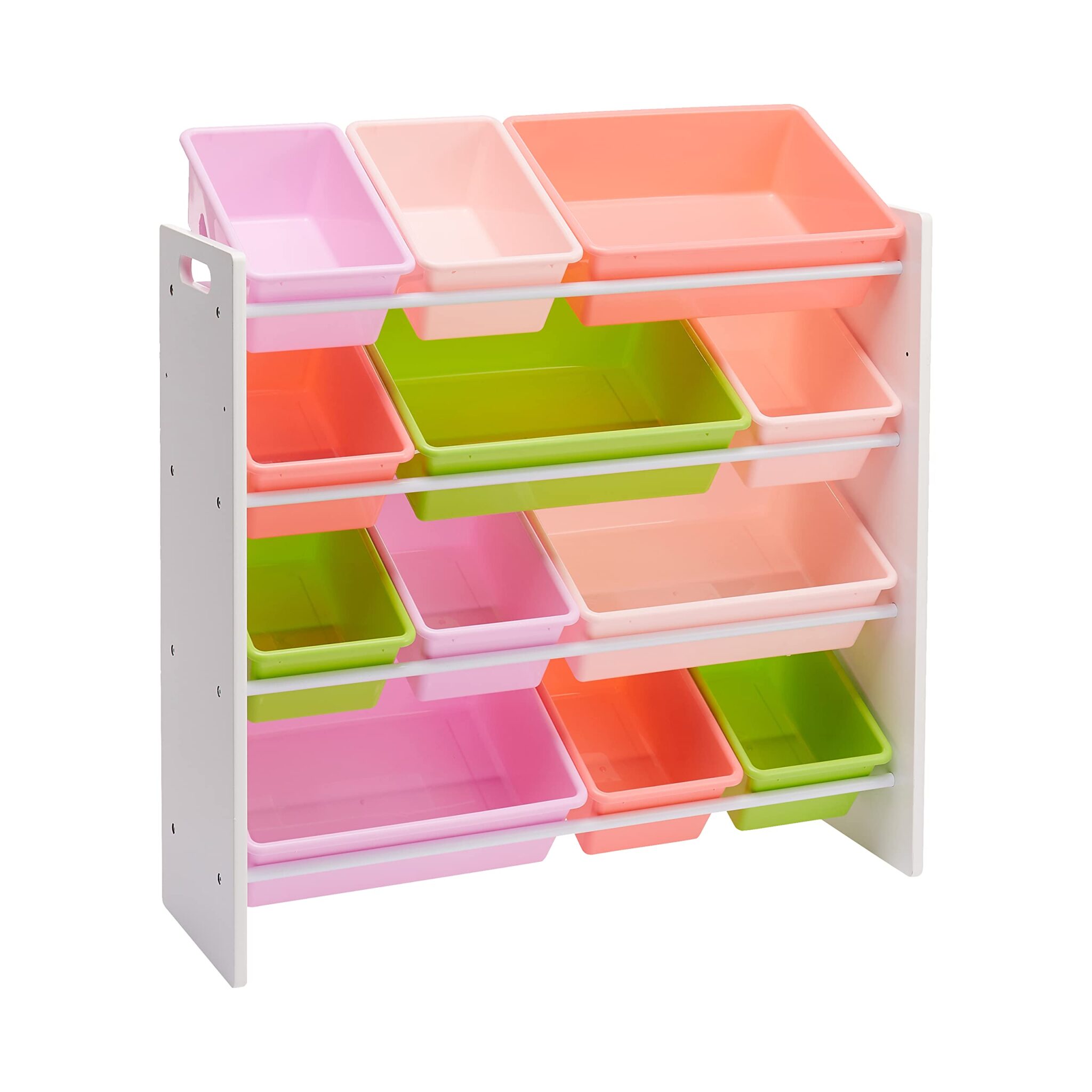 Amazon Basics Organizer per giocattoli per bambini con 12 in plastica Legno Bianco E Contenitori Rosa, 86 D x 32.5 W x 90 H cm