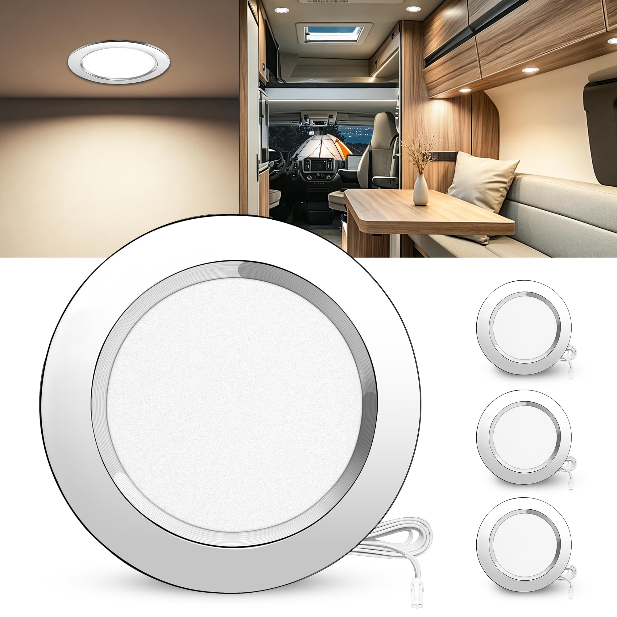 Laiebri Set di 3 Faretti LED da Incasso per Mobili 12V, 4000K Neutro 3.5W Alluminio Faretto da Incasso Dimmerabili, IP44 Faretti LED Soffitto Foro 55-58mm per Camper Barca, Cromo
