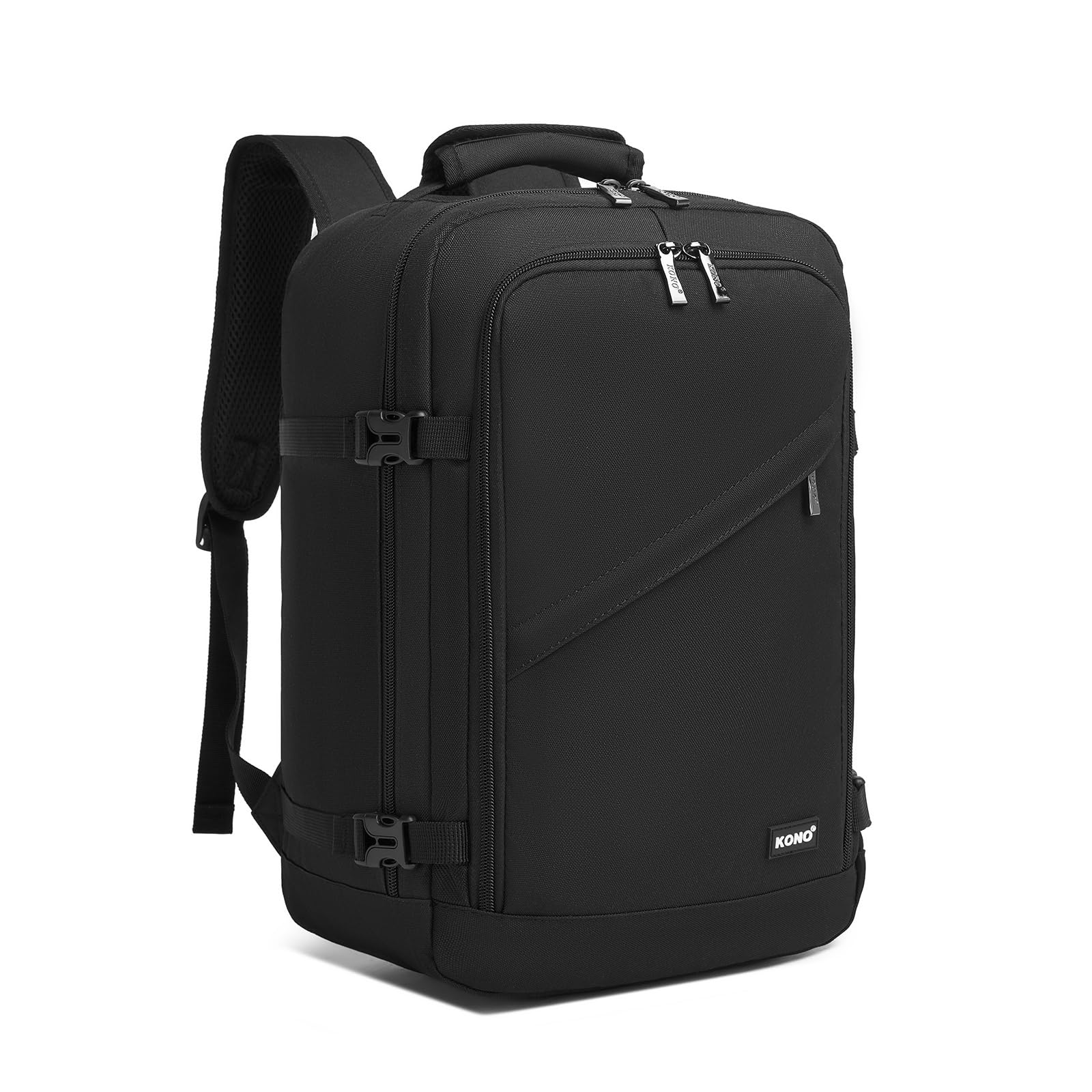 KONO Zaino Ryanair 40x20x25, Bagaglio a Mano, Nero | Apertura a 180°, Tasche Organizzate, Tasca Frontale Nascosta, Schienale Traspirante, Cinghia per Valigia