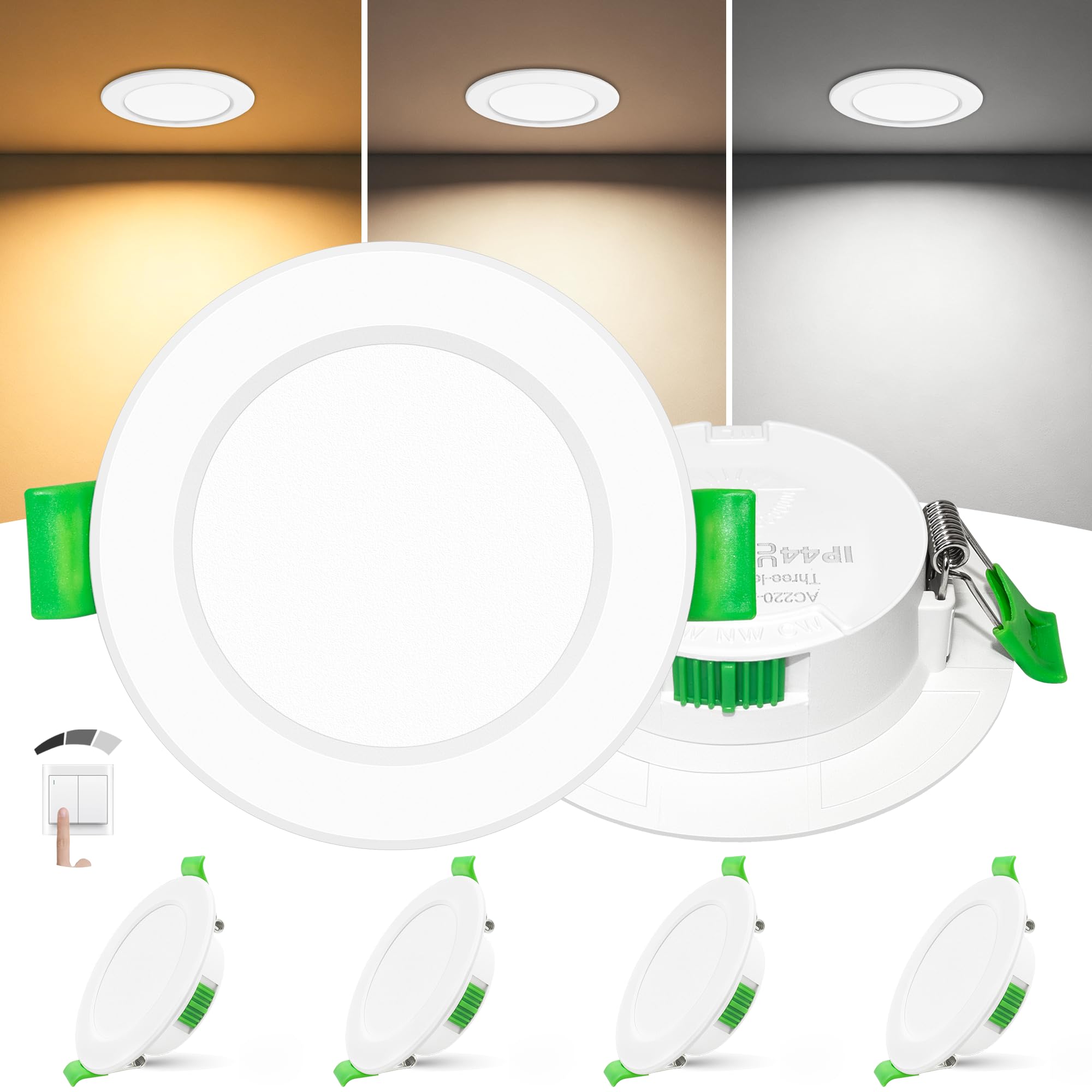 Laiebri Confezione da 4 Faretti LED Incasso Extra Slim 25mm, 6W, Soffitto Dimmerabili 3 Intensità Senza Dimmer, 2700K/4000K/6000K, IP44 Faretto LED Bagno Cucina, Foro Ø58-68mm, 23…