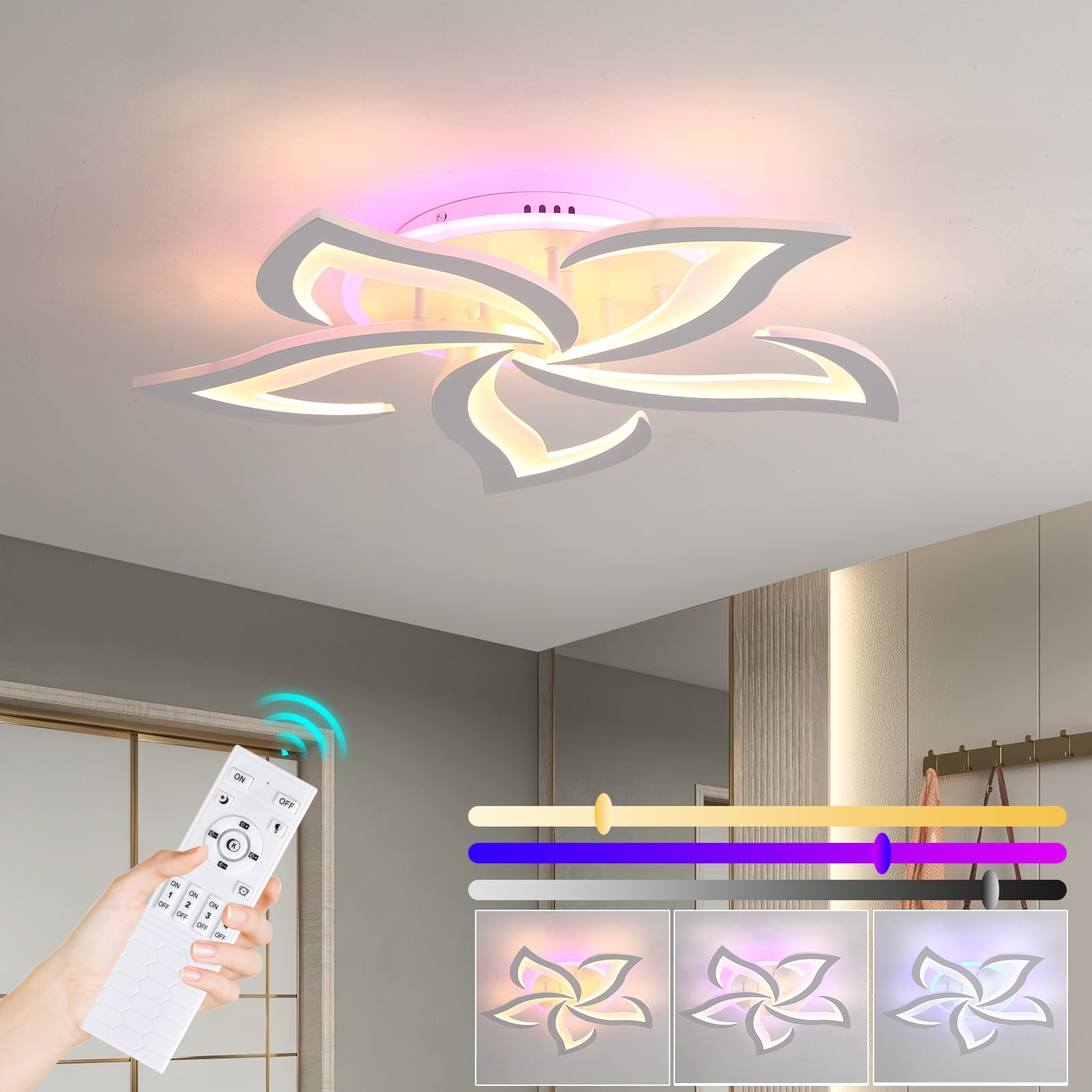 ZAITINZ Plafoniera LED Soffitto 5 Petali Moderna Dimmerabile 50W Bianco | Plafoniera moderna da soffitto con telecomando, luce regolabile 3000-6000K per camera da letto, soggiorno…
