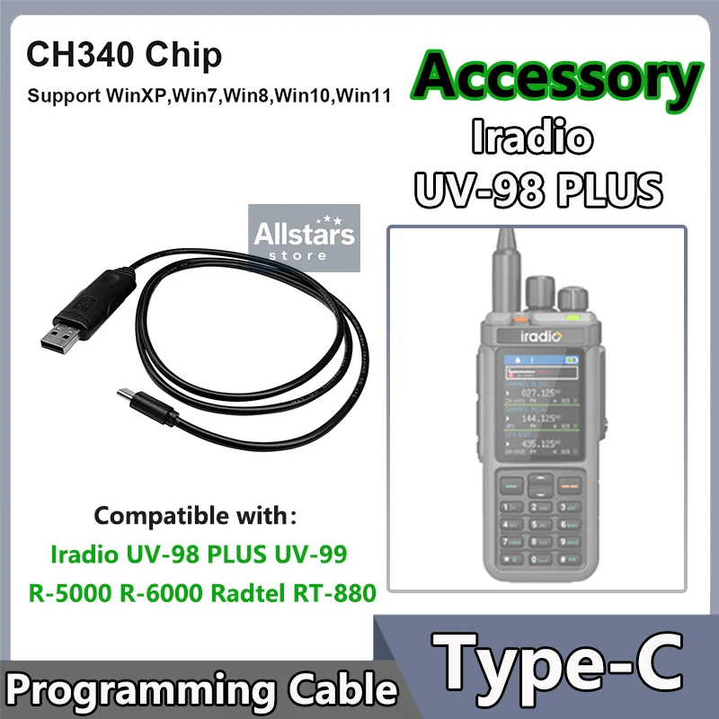Cavo di programmazione USB Type-C compatibile con sistemi Windows per radio Iradio UV-98 PLUS UV-99 R-5000 R-6000 RT-880 Walkie Talkie CH340