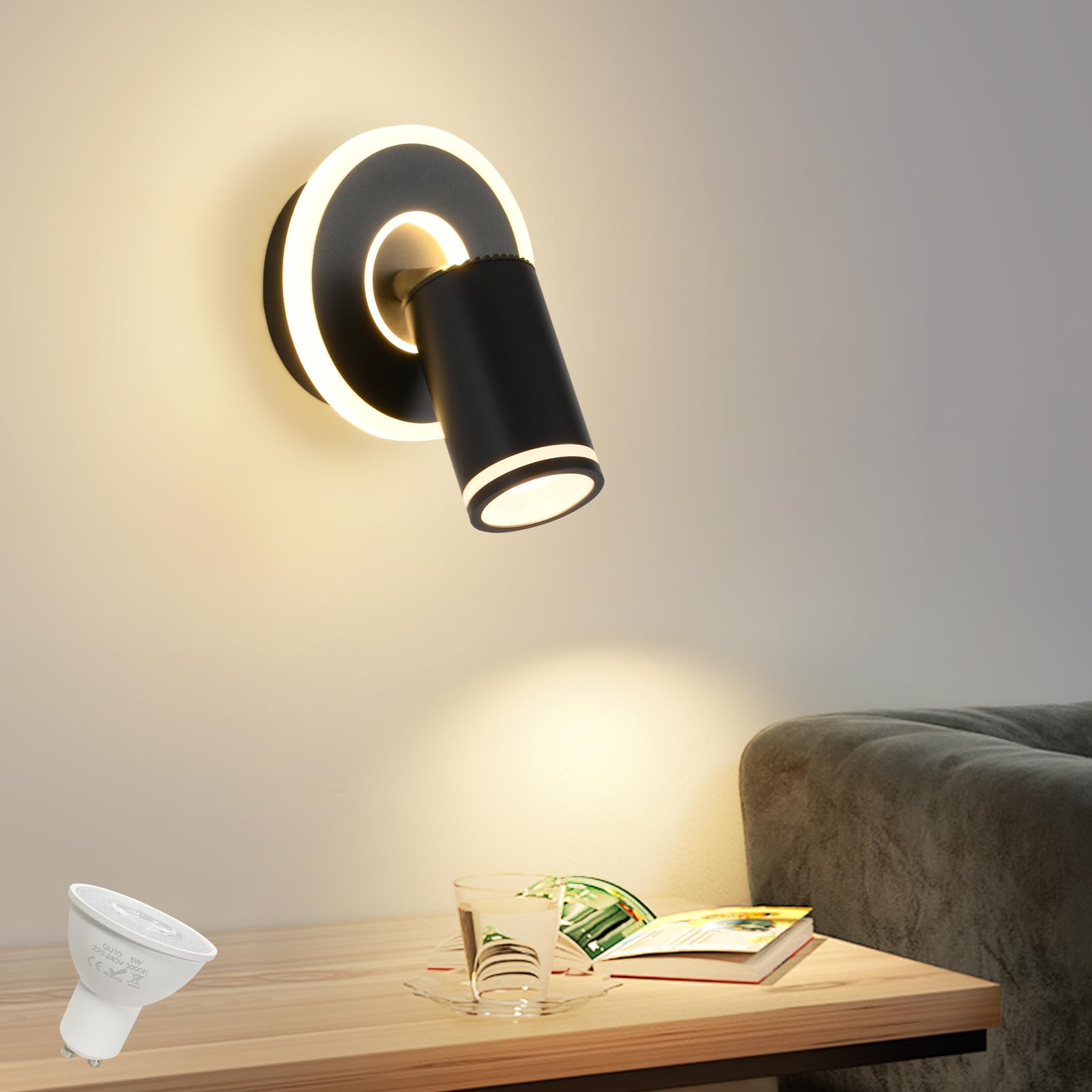 SANSHI Faretti da Soffitto Orientabili LED 1 Luci Rotonda,3000K,nero | Faretti da Parete con Inferiore 9W+5W,GU10 Lampadario Faretti,Moderna Plafoniera Faretti Per Cameretta Cucina