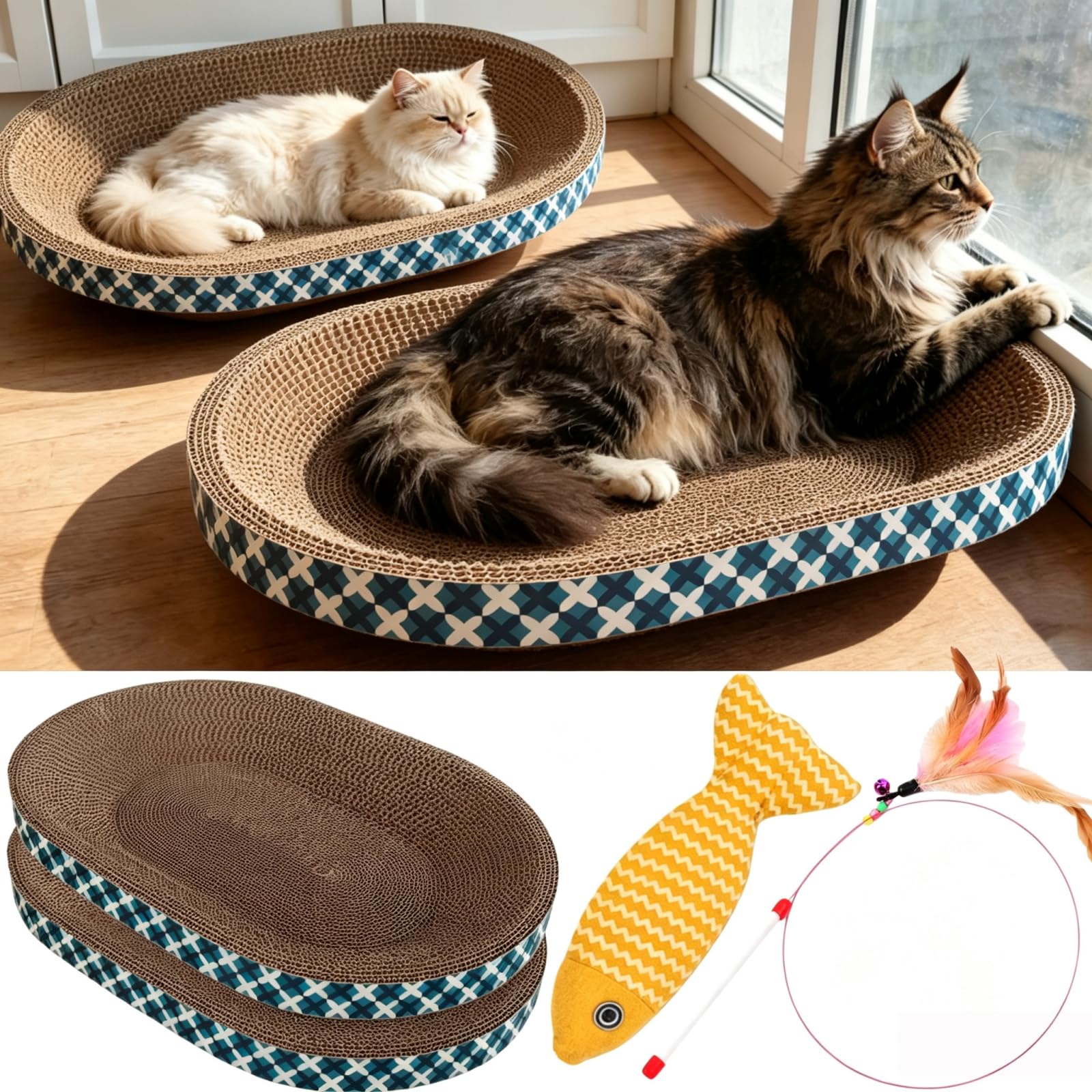 Spindro Letto Tiragraffi per Gatto con Giocattoli, Confezione da 2, Tiragraffi Ovale in Cartone, Ciotola Gratta per Interni, Cuscinone con Pesce alla Nepeta & Bacchetta con Piume,…