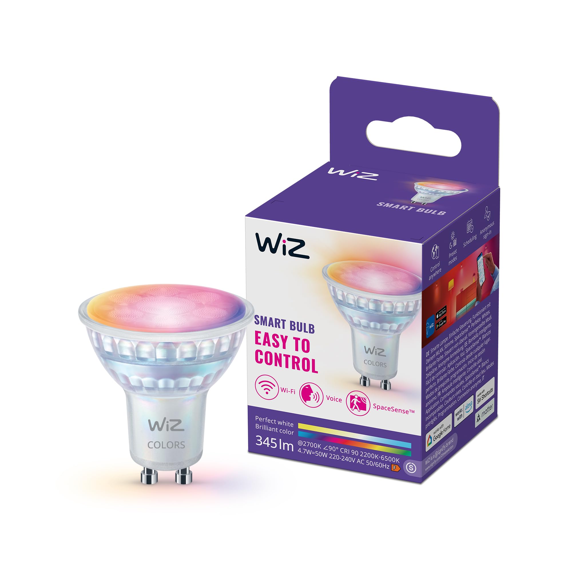 WiZ Faretto LED smart vetro GU10, a colori e bianco Regolabile, equivalente 50 W, 2.200-6.500 K, 345 lumen, intensità regolabile, compatibile con Alexa, Google Assistant e Apple H…