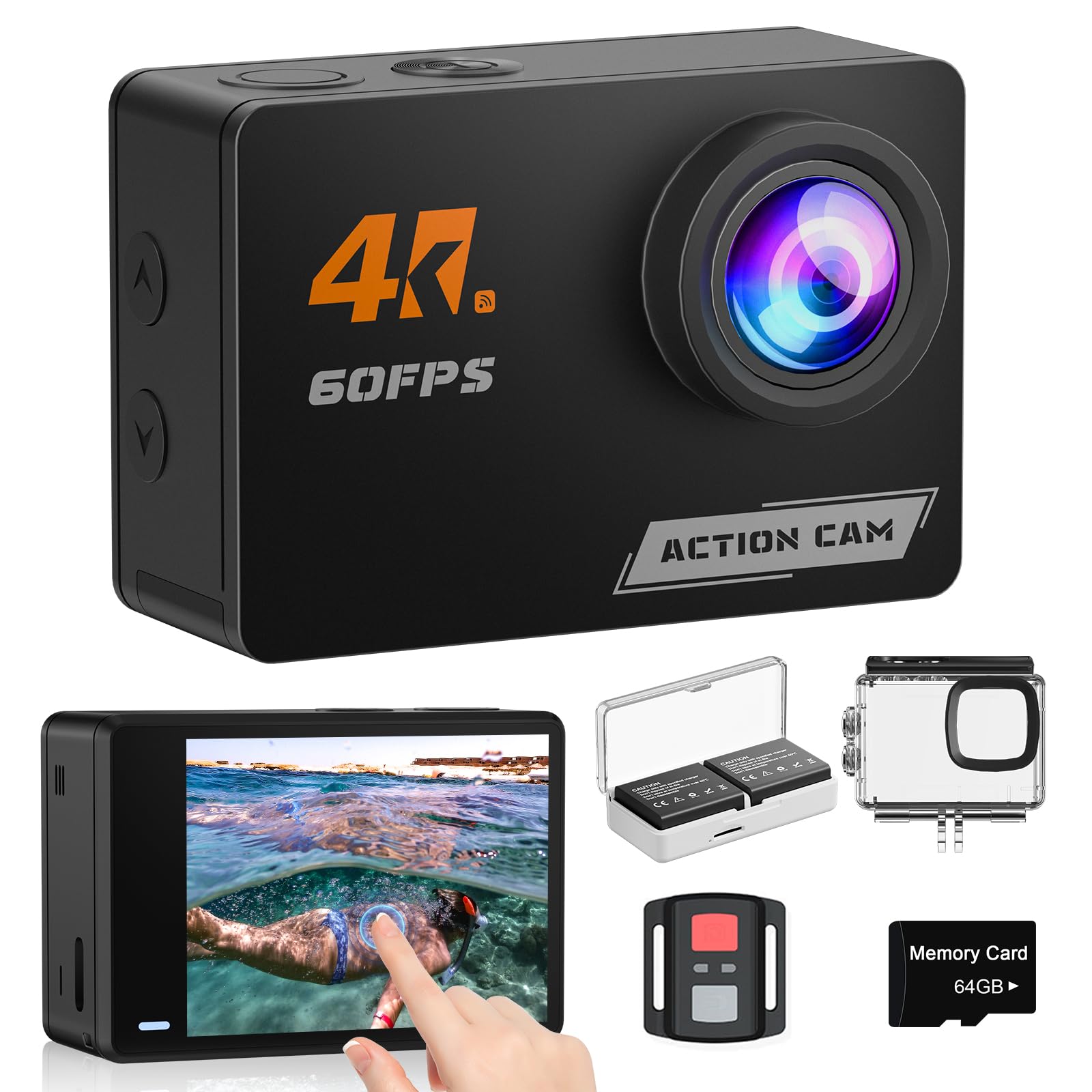 Camlance Action Cam 4K60FPS Touch Screen con Scheda Da 64GB, 131FT Fotocamera Subacquea con 8X Zoom,48MP HD WIFI Videocamera 170° Telecamera EIS,Telecomando 2x1350mAh Batterie