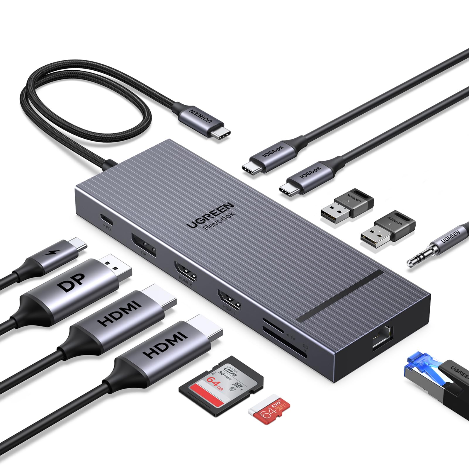UGREEN Revodok Pro 3121 Hub USB C 12 in 1 Docking Station Triplo Display | 2 HDMI 4K60Hz, 1 DisplayPort 4K120Hz, 10Gbps, Ricarica PD 100W, RJ45 Gigabit, SD TF, Multiple Dati 2A2C,…