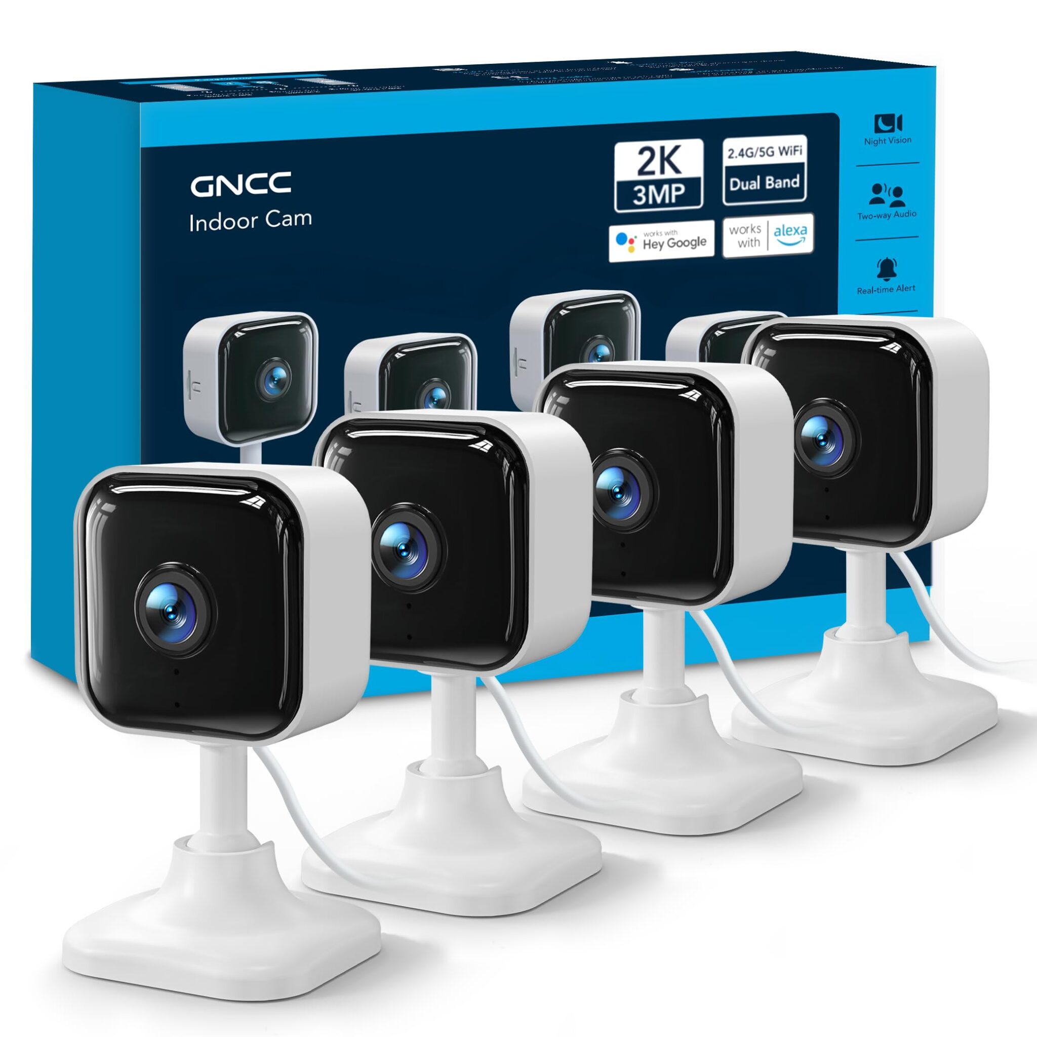 GNCC 2K 3MP Telecamera WiFi Interno con Visione Notturna 2.4/5GHz, Kit 4 | Baby Monitoring, Rilevamento Movimento, Audio Bidirezionale, Controllo App, Storage SD e Cloud