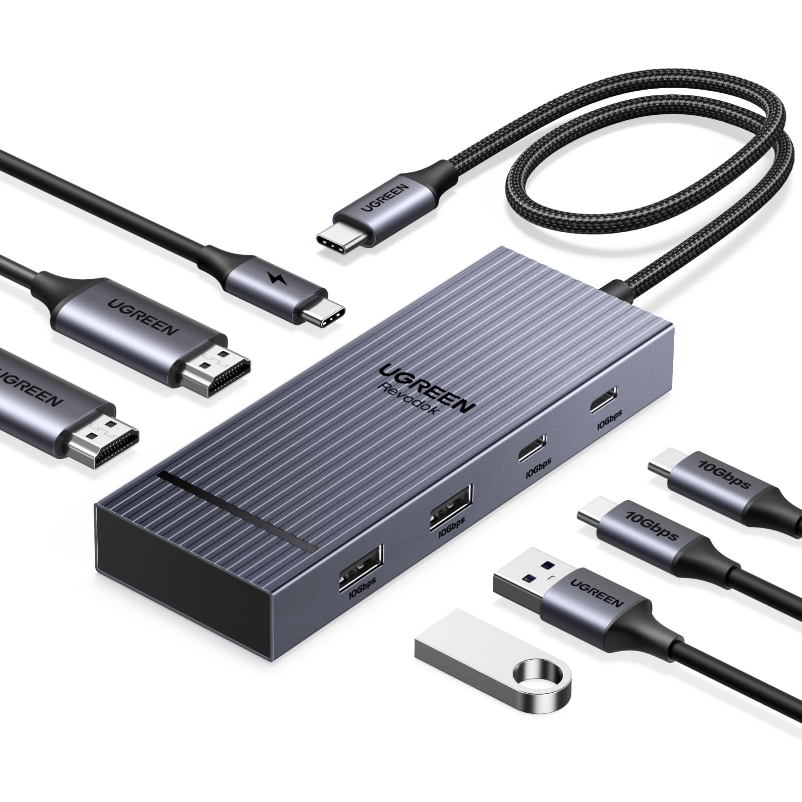 UGREEN Revodok Pro 207 Hub USB C 7 in 1 Docking Station Doppio Display | 4K60Hz, 2 HDMI, 10Gbps, Ricarica PD 100W, Multiporte USB, 2A2C, Compatibile con Windows, MacBook Pro Air,…