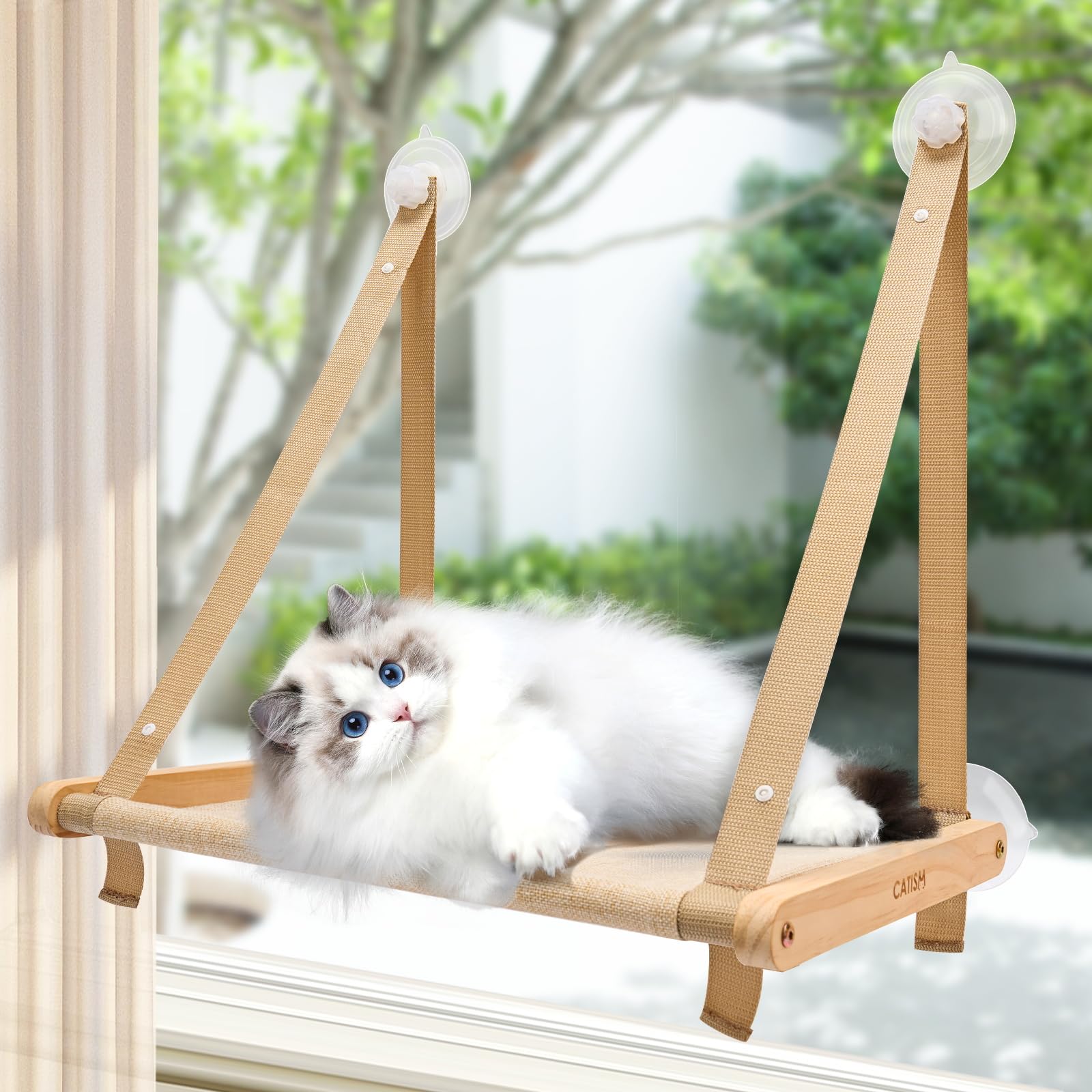 CATISM Amaca da Finestra per Gatti Pieghevole in Legno (50x38cm), Khaki | Amaca per Gatto da Finestra con Ventose Robuste fino a 20kg, Traspirante e Lavabile, Letto Comodo Durevol…