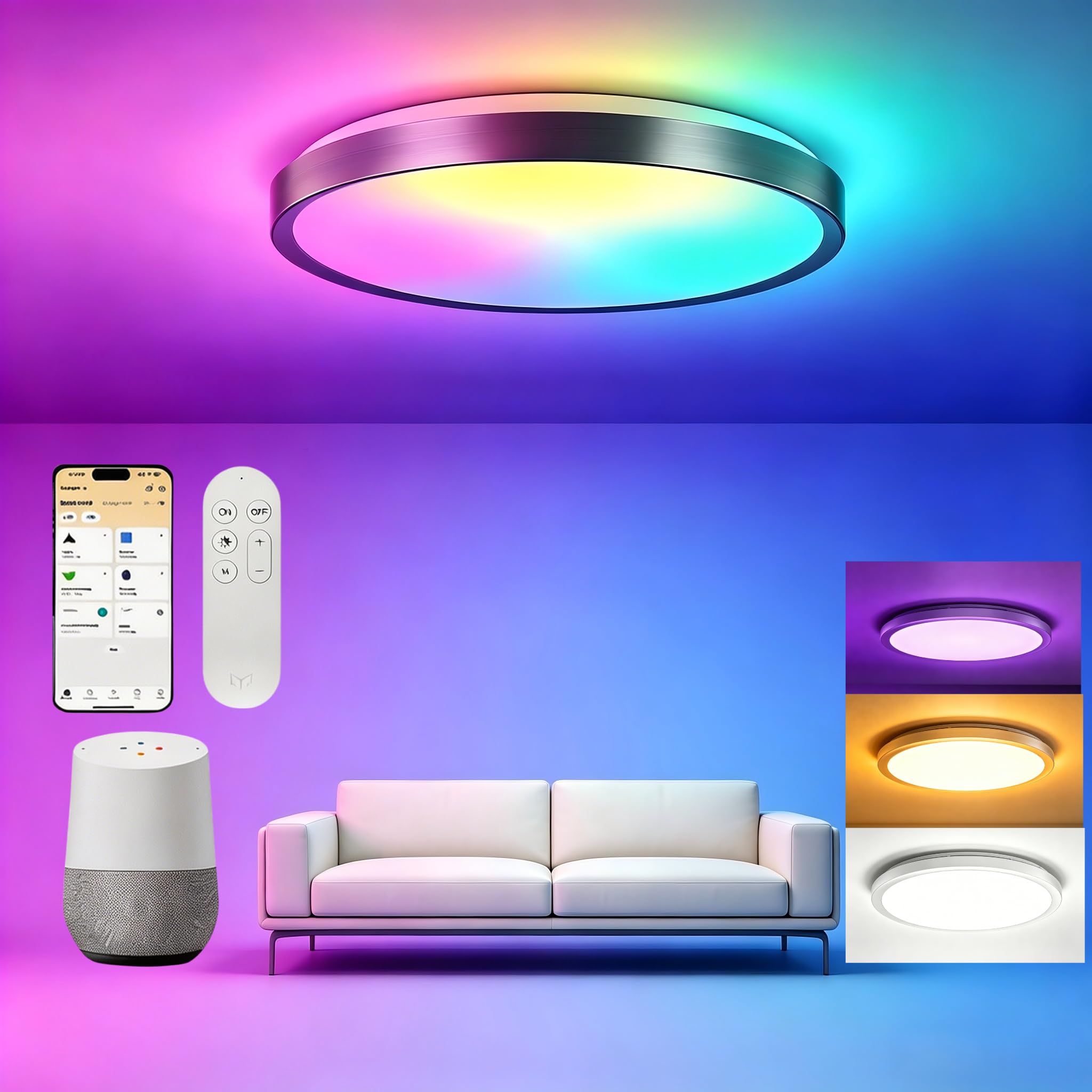 Yeelight Smart Plafoniera LED RGB Close-to-Ceiling Lights, 50 W, 3000 Lumen, 2700 K-6500 K, dimmerabile, fai da te, compatibile con Alexa, per soggiorno, camera da letto, cucina,…
