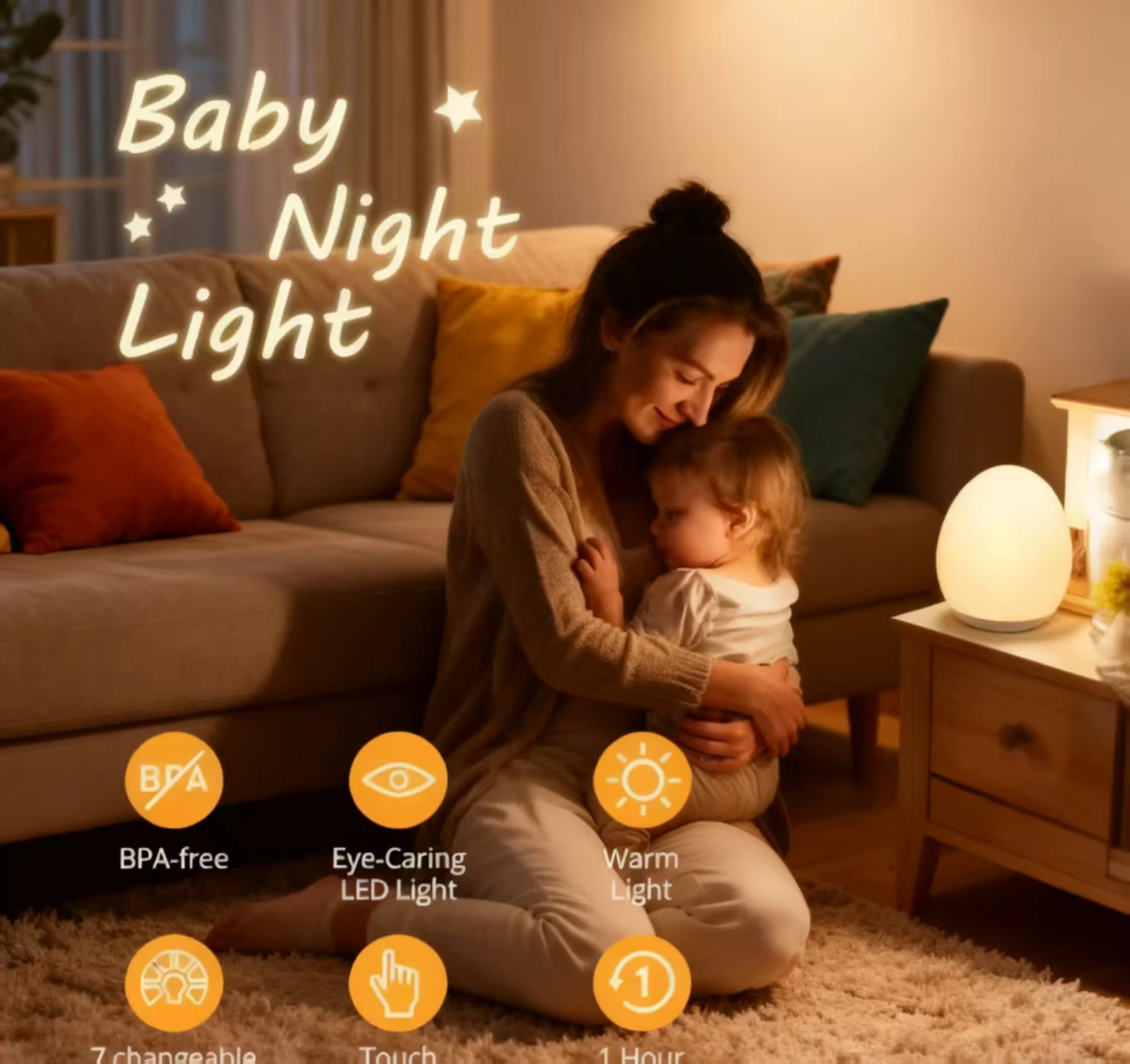 “Luce notturna in silicone a forma di uovo, lampada RGB a 7 colori dimmerabile al tocco con funzione di memoria, luce per la cameretta senza BPA per bambini