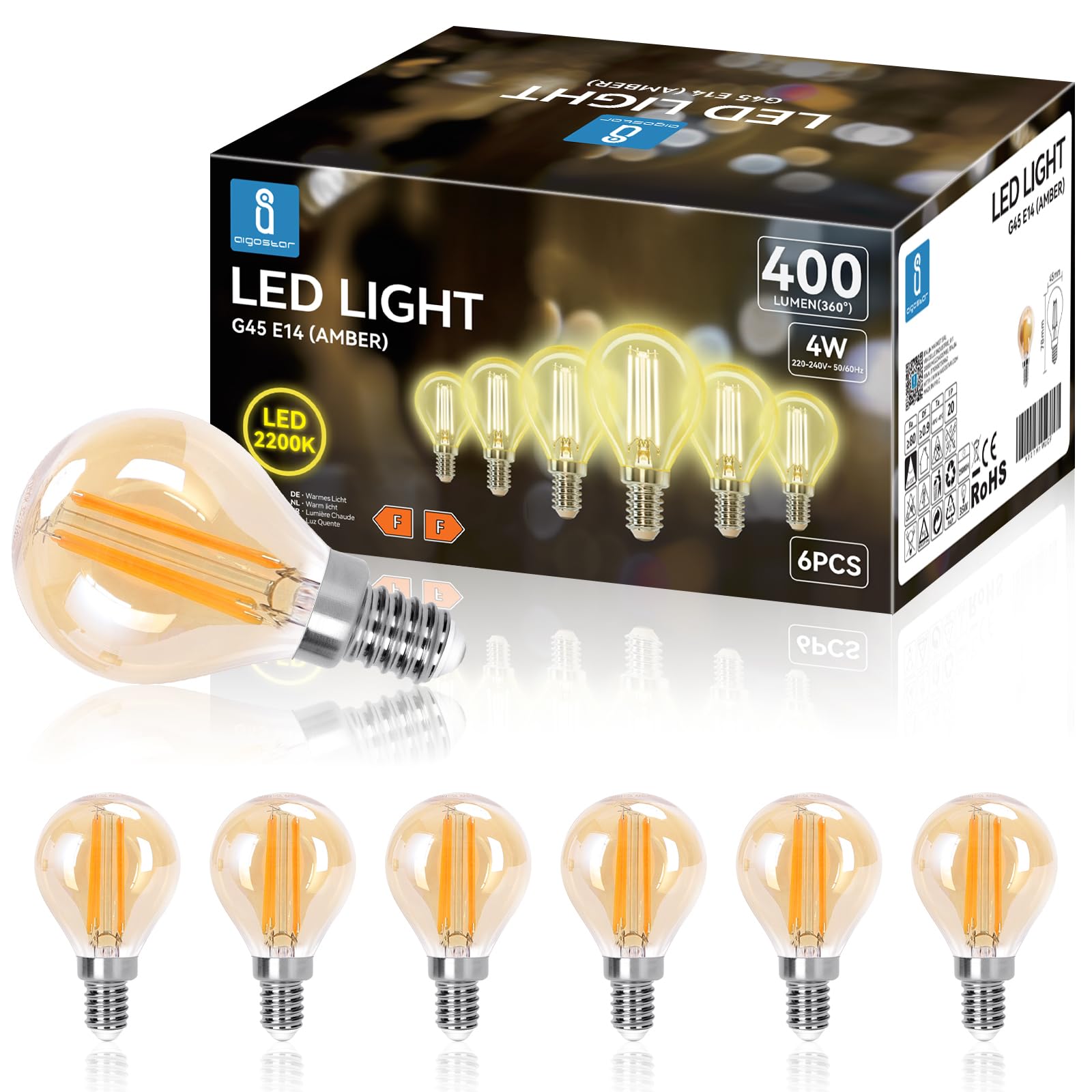 Aigostar Edison Lampadine LED E14, Luce Calda 2200K,4W(equivalente a 35W),400LM,Lampadine di Filamento G45,Lampade Decorativa Retrò per Bar Caffè Hotel, 6 Pezzo