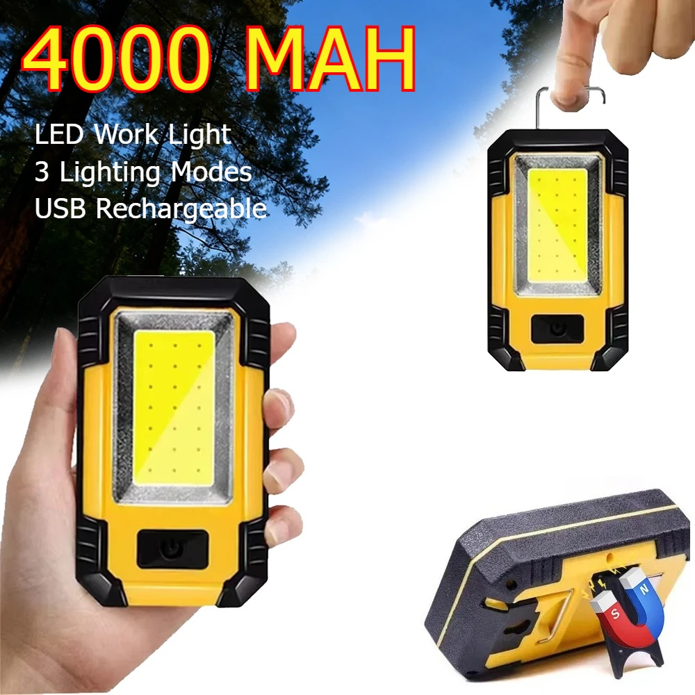 Torcia da Lavoro Ricaricabile 4000mAh Super Luminosa COB con Magnete/Gancio, Lanterna Portatile da Campeggio per Emergenze Esterne