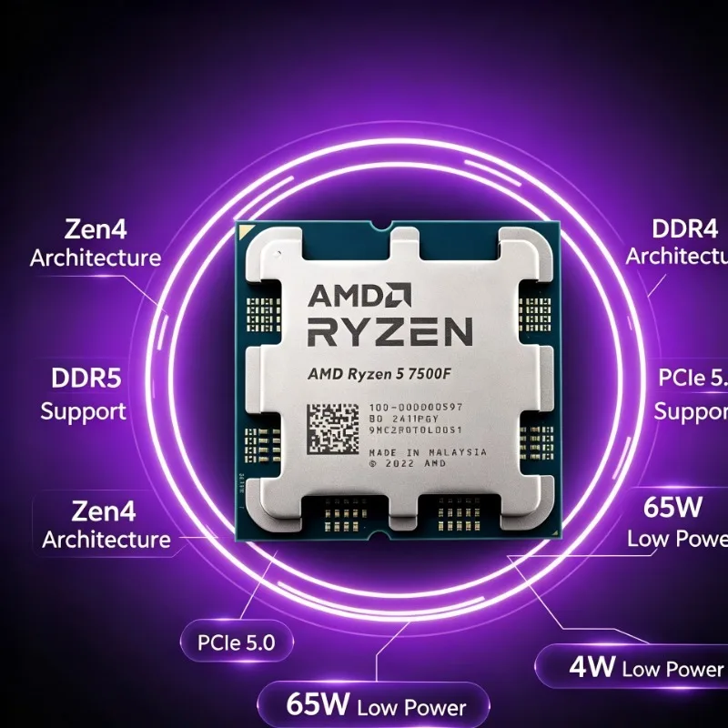 Processore R5 7500F Zen4 (Chip Tray) con 32MB di Cache Ampia e 6 Core, Senza Grafica Integrata, Testato, Ricambio Ricondizionato