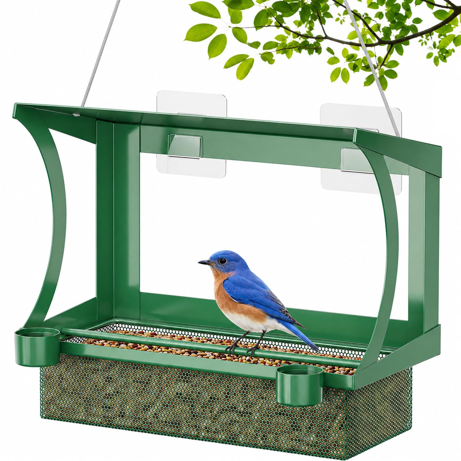 FANHAO Mangiatoia Uccelli da Finestra 2 in 1, Metallo Senza Forare | Vassoio in Rete Metallica, Tetto Inclinato, 2 Bicchieri D’acqua,Gancio Adesivo Per Finestra, Giardino,Balcone