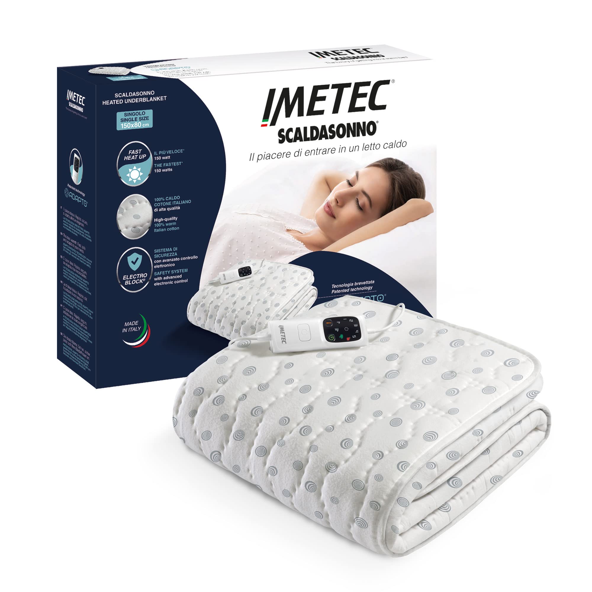 Imetec Scaldasonno Adapto – Scaldaletto singolo 150x80 cotone | 100% cotone | Basso consumo | Riscaldamento rapido | Comando con 6 temperature | Made in Italy