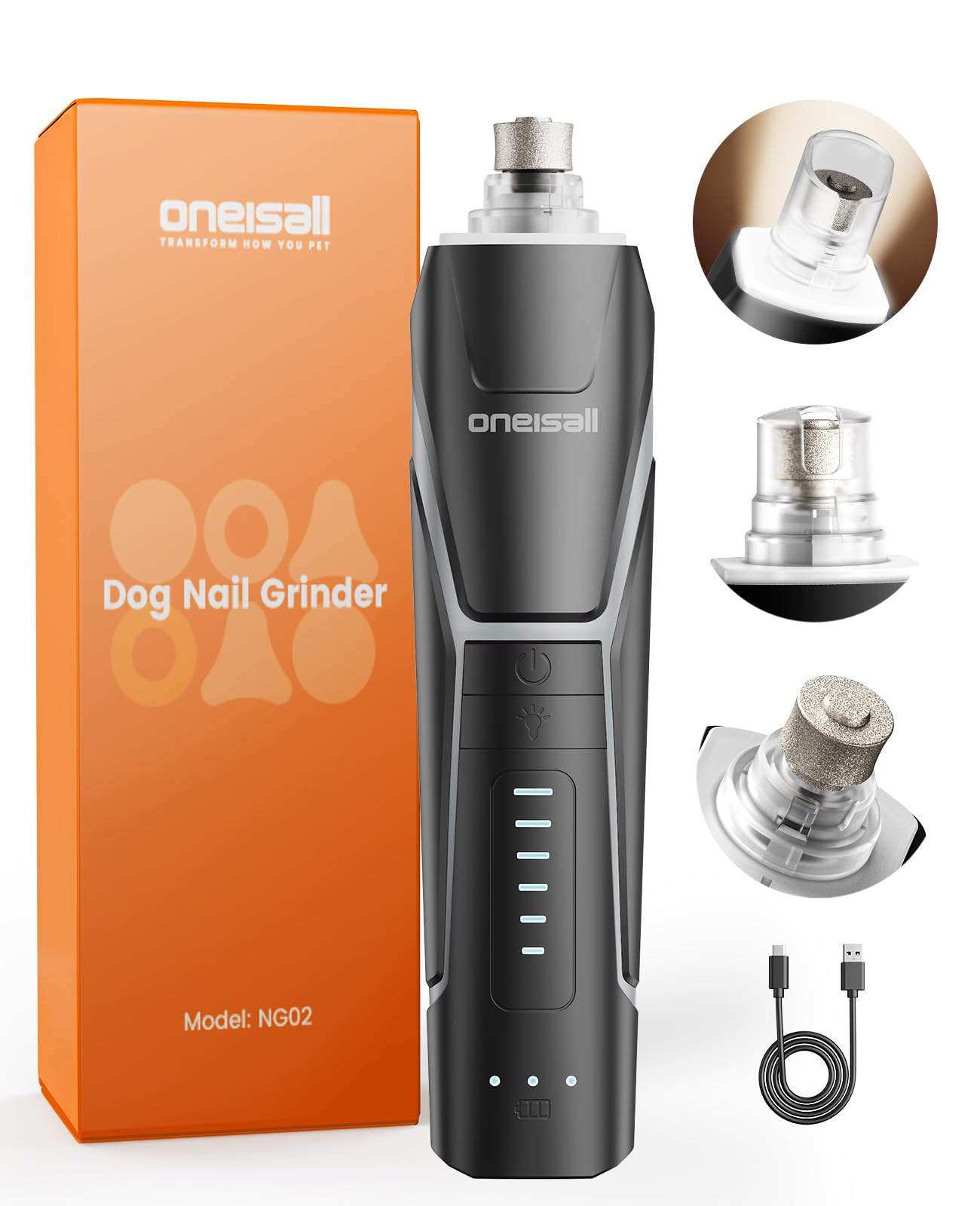 oneisall Lima Unghie Cani NG02 | Professionale, Luce LED a 360°, 6 velocità fino a 12000RPM, Silenzioso 40 dB, Adatto a cani di taglia grande, media