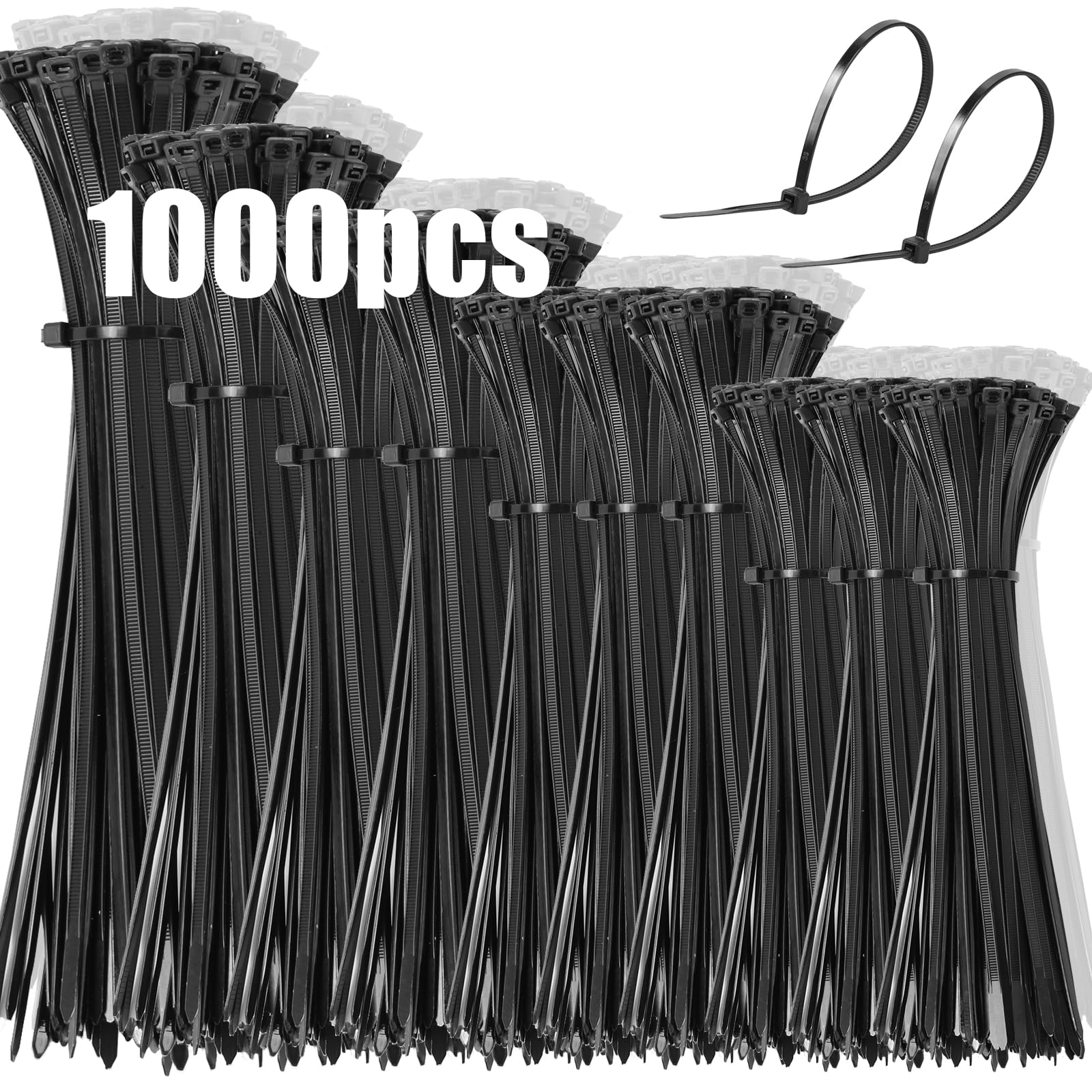 DUNSOO Fascette Plastica,1000 Pezzi Fascette Elettricista,100/150/200/250/300mm Fascette Plastica Lunghe per Uso Interno ed Esterno, Gestione dei Cavi Elettrici, Fili, Giardinaggio