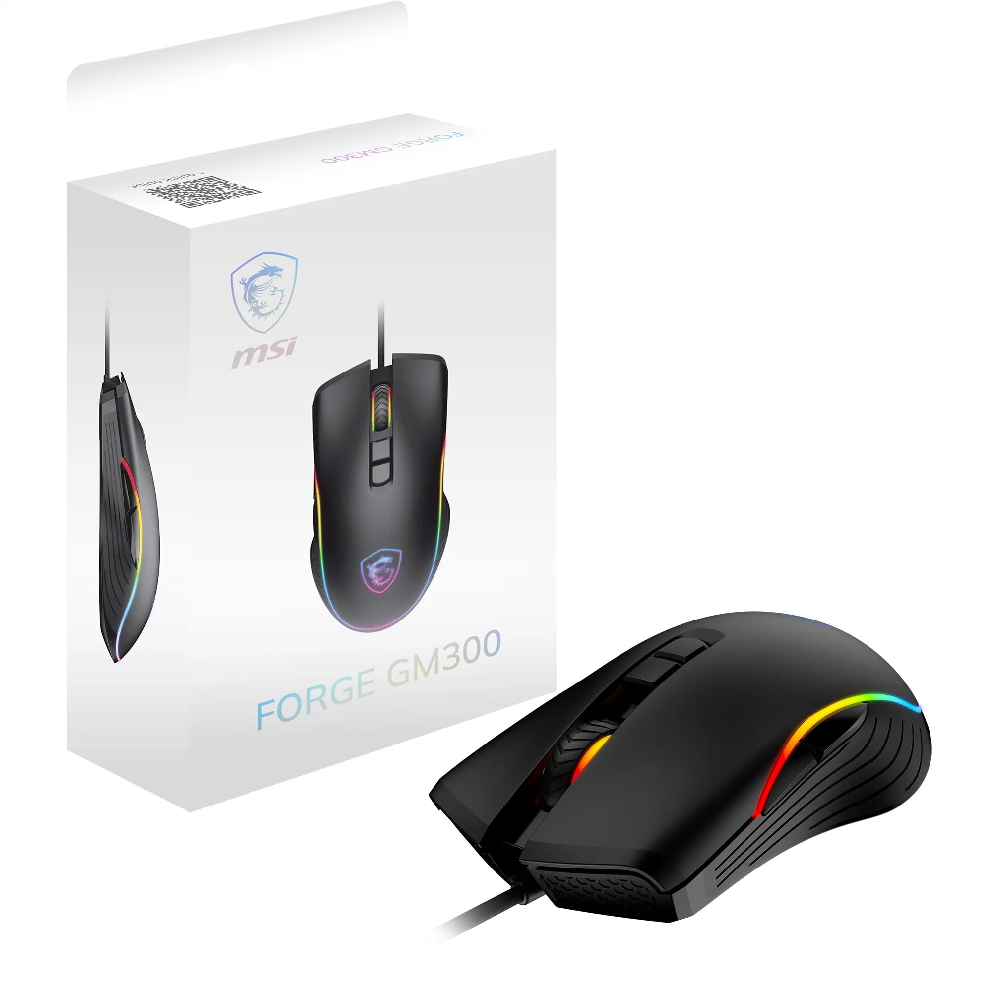 msi FORGE GM300 Gaming Mouse – Sensore ottico 7200 DPI, design simmetrico, switch da oltre 10M di clic, 7 pulsanti, latenza 8 ms, RGB LED, 118 g – Cablato